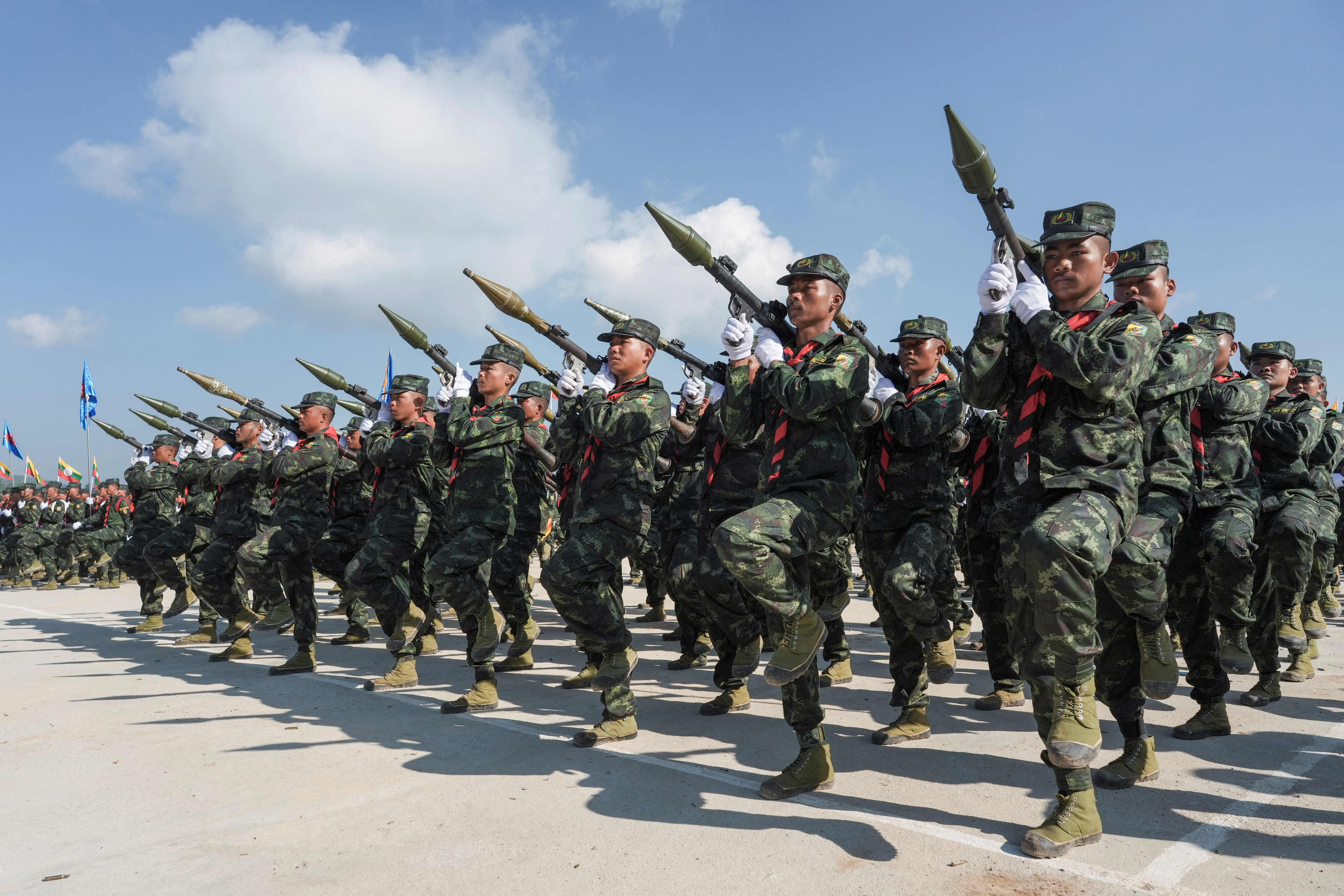Soldiers of the Shan State Army (SSA) march in formation during a military parade celebrating the 79th Shan State National Day at Loi Tai Leng, the Restoration Council of Shan State