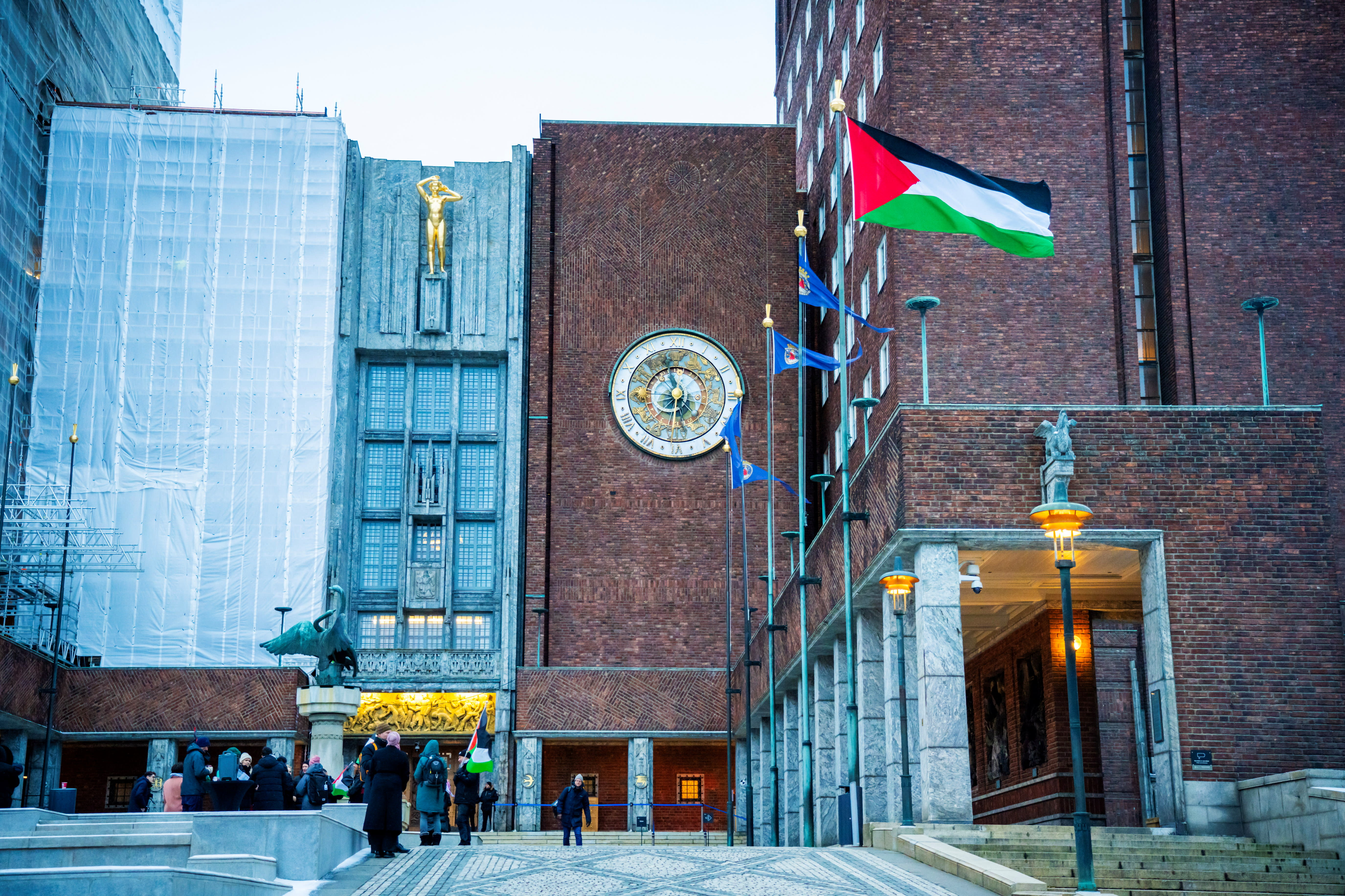 The Palestinian flag was raised in the courtyard outside Oslo City Hall on Wednesday morning in Oslo, Norway, November 29, 2023. (photo credit: NTB/Ole Berg-Rusten/via REUTERS)