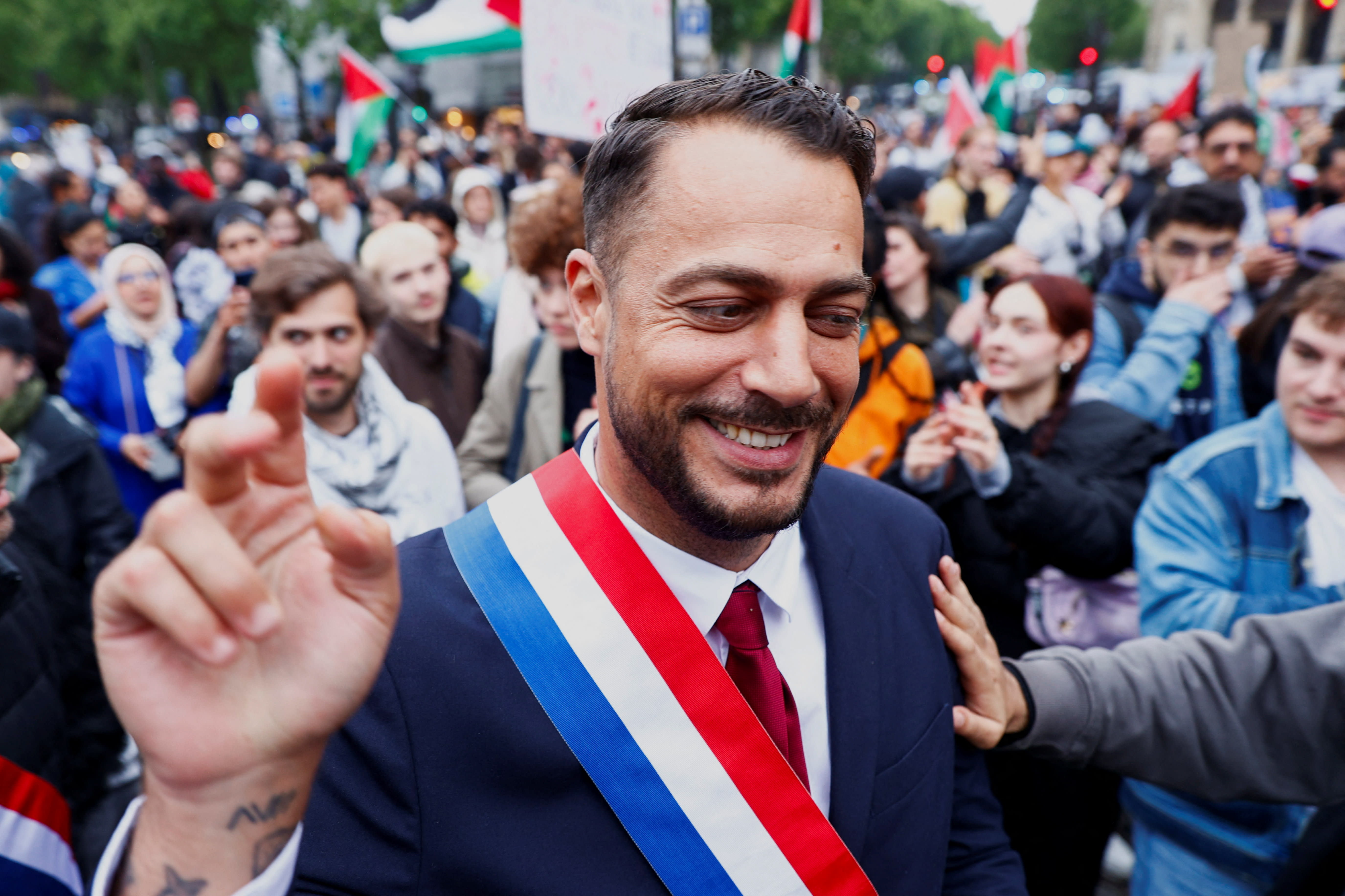Sebastien Delogu, deputy for La France Insoumise (LFI) party attends a pro-Palestinian protest in central Paris, France, May 29, 2024. (photo credit: REUTERS/Abdul Saboor)