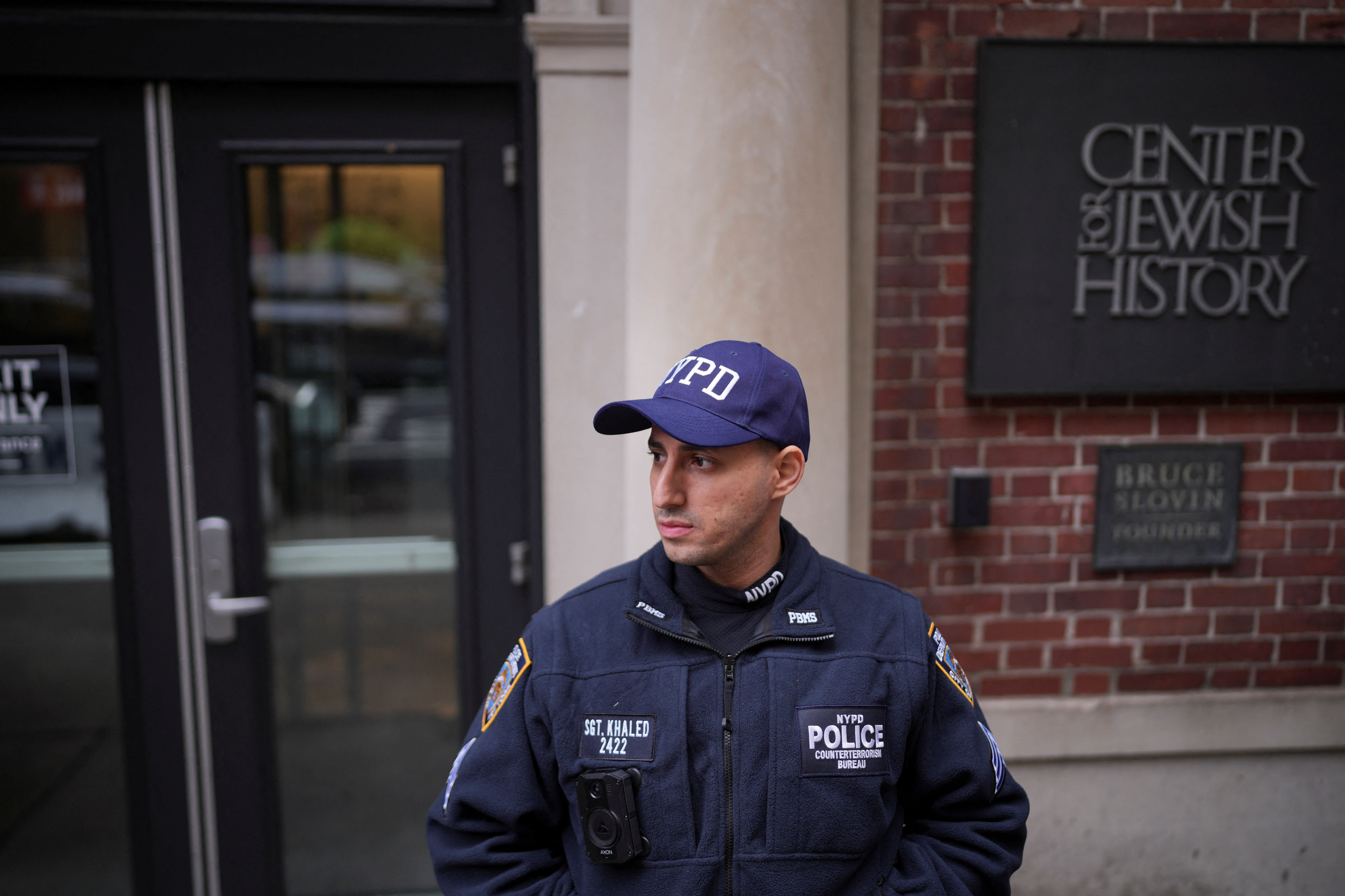 A MEMBER of NYPD Counterterrorism Bureau stands guard outside the Center for Jewish History, after two Israeli embassy staff were shot dead in Washington, DC near the Capital Jewish Museum, in New York City, US, May 22, 2025. (photo credit: Reuters/Adam Gray)