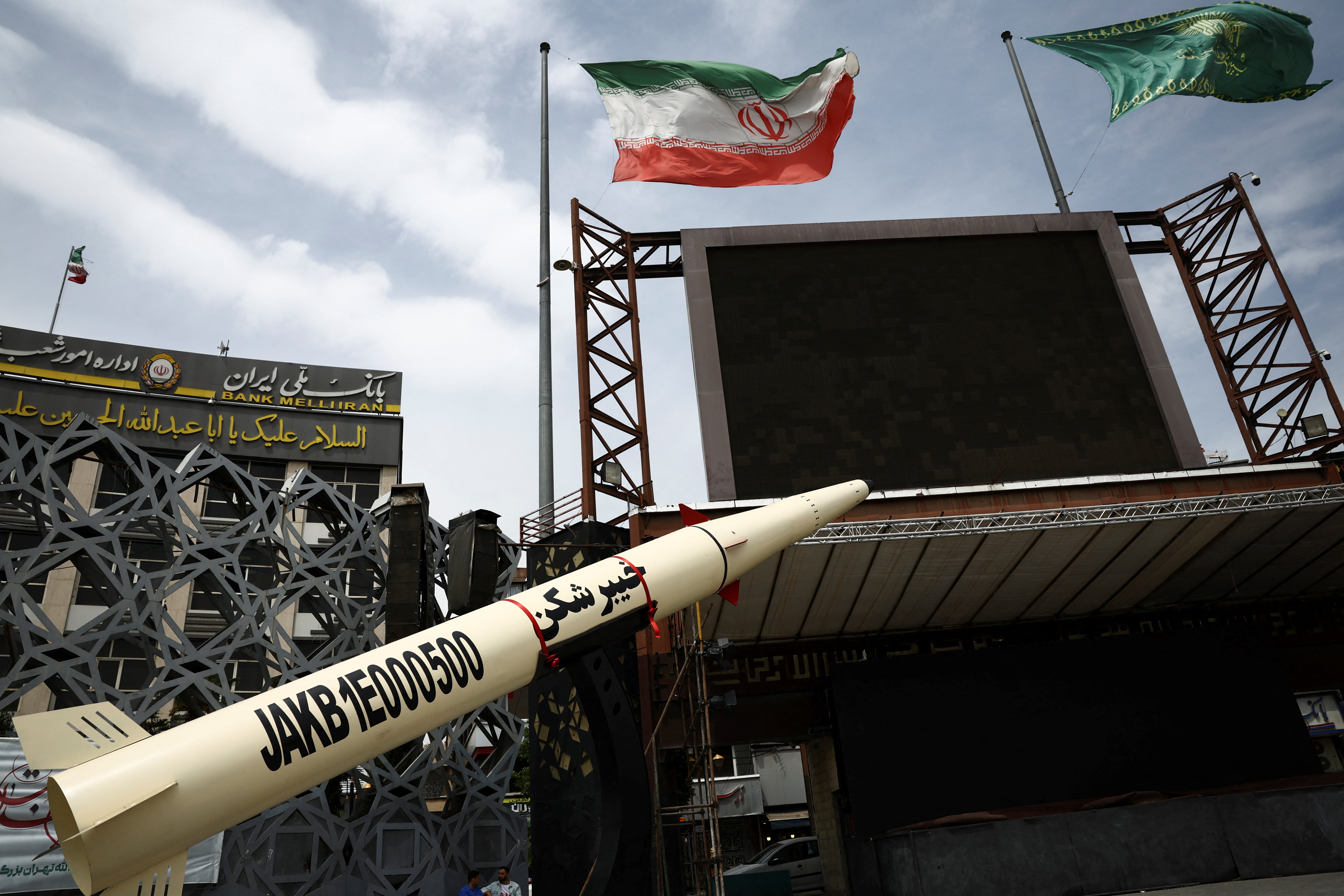 A symbolic mockup of an Iranian missile is displayed in Tehran Monday, 27th April 2026 (photo credit: MAJID ASGARIPOUR/WANA (WEST ASIA NEWS AGENCY) VIA REUTERS)