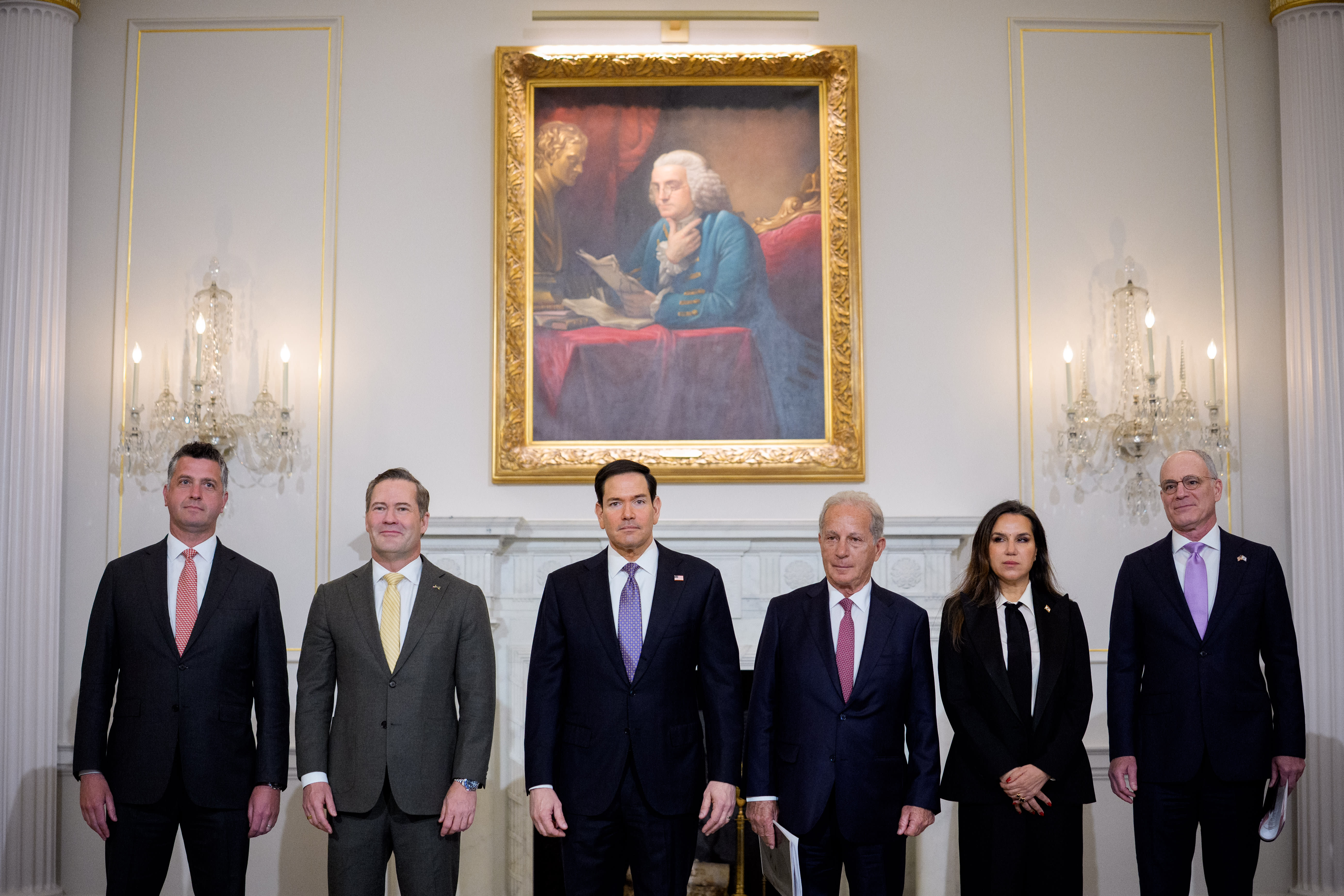  Counselor of US State Department Michael Needham, U.S. Ambassador to the United Nations Michael Waltz, U.S. Secretary of State Marco Rubio, U.S. Ambassador to Lebanon Michel Issa, Lebanese Ambassador to the U.S. Nada Hamadeh Moawad and Israeli Ambassador to the US Yechiel Leiter pose for photos (photo credit: Andrew Harnik/Getty Images)