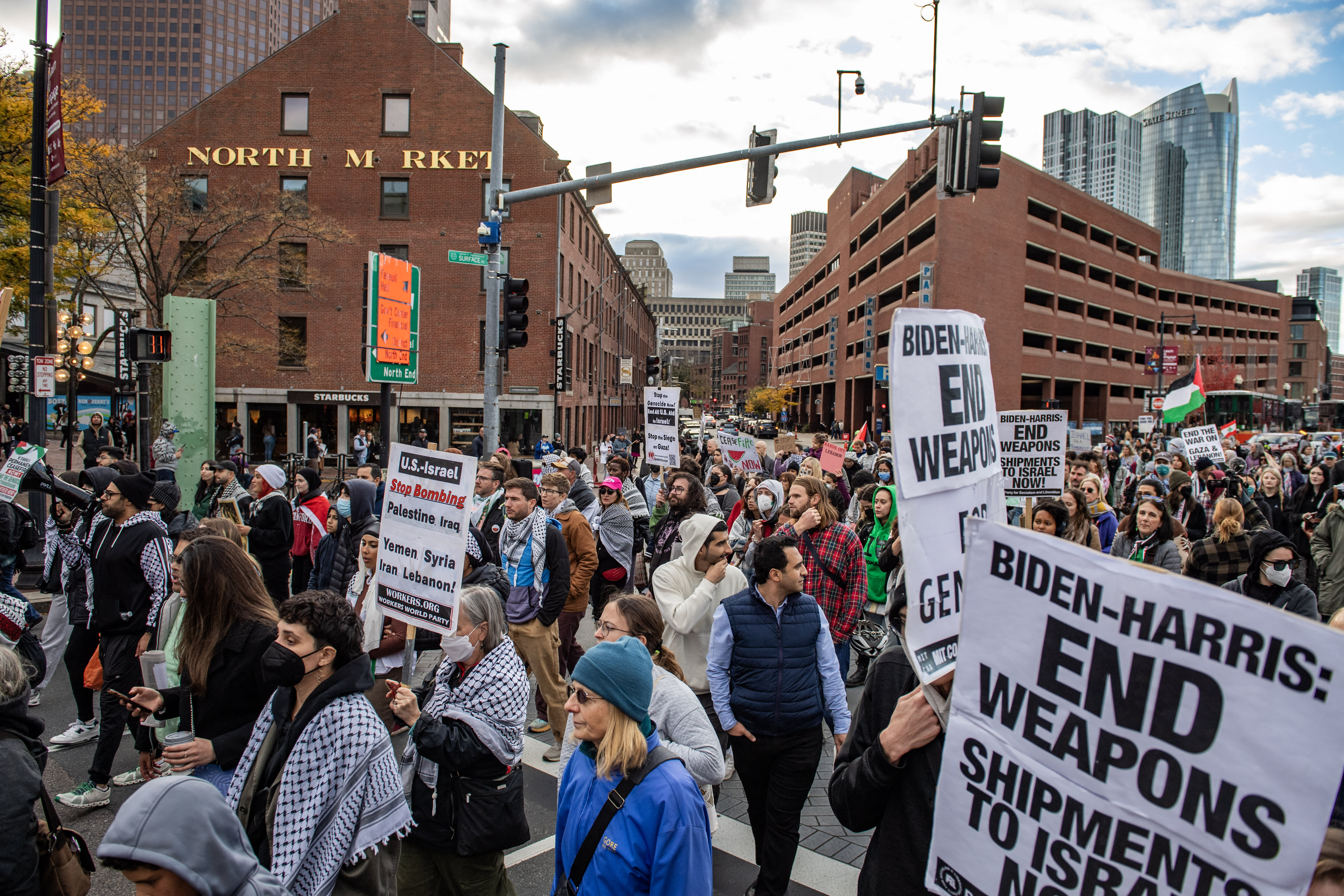  US-ISRAEL-PALESTINIAN-CONFLICT-POLITICS-VOTE-PROTEST Pro-Palestinian demonstrators march during a "No Votes for Genocide" rally organized by the Boston Coalition for Palestine ahead of the US general election in Boston on November 2, 2024 (photo credit: Joseph Prezioso/AFP via Getty Images)
