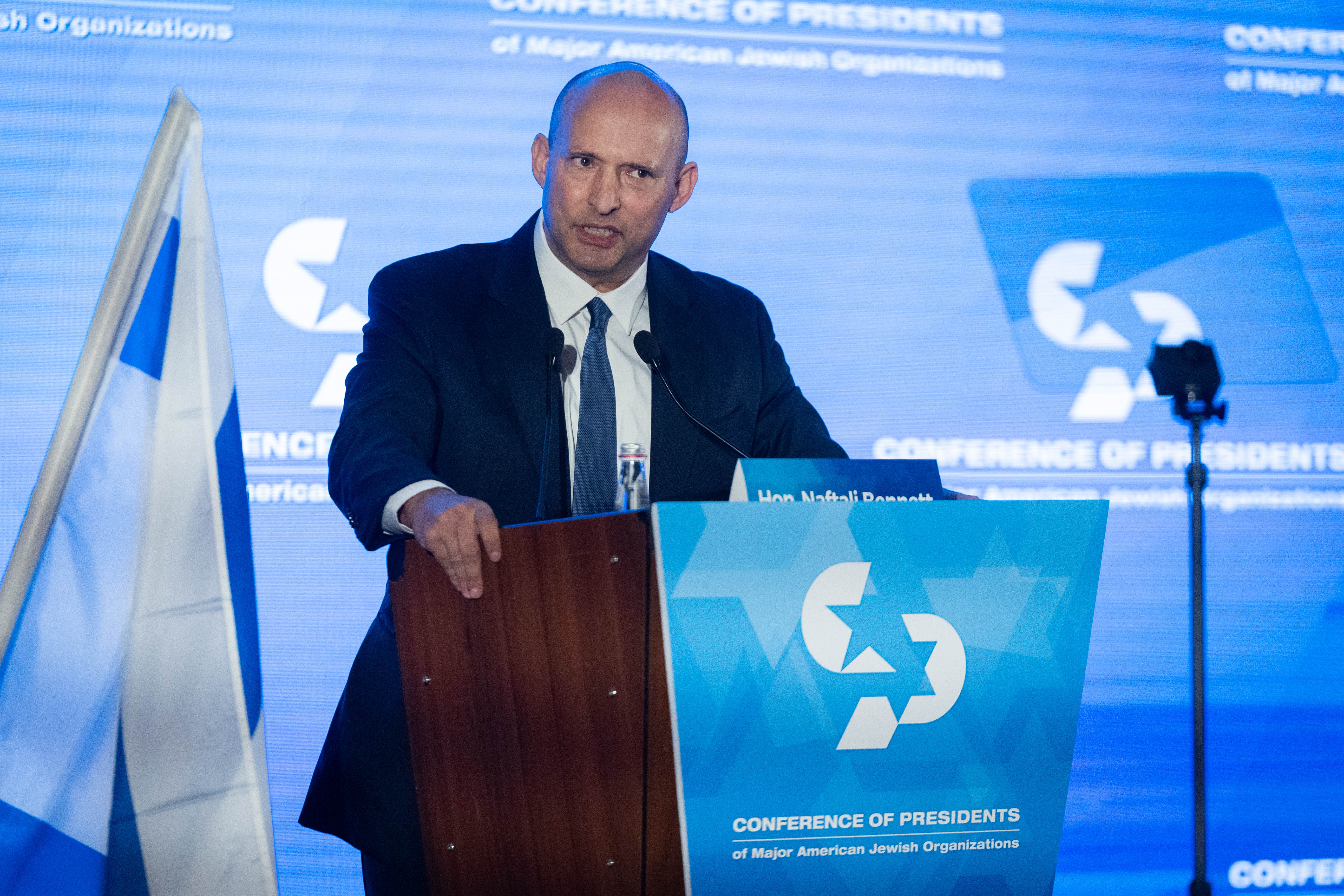 Former Prime Minister Naftali Bennett attends a Conference of Presidents of Major American Jewish Organizations in Jerusalem, on February 17, 2026. (photo credit: YONATAN SINDEL/FLASH90)