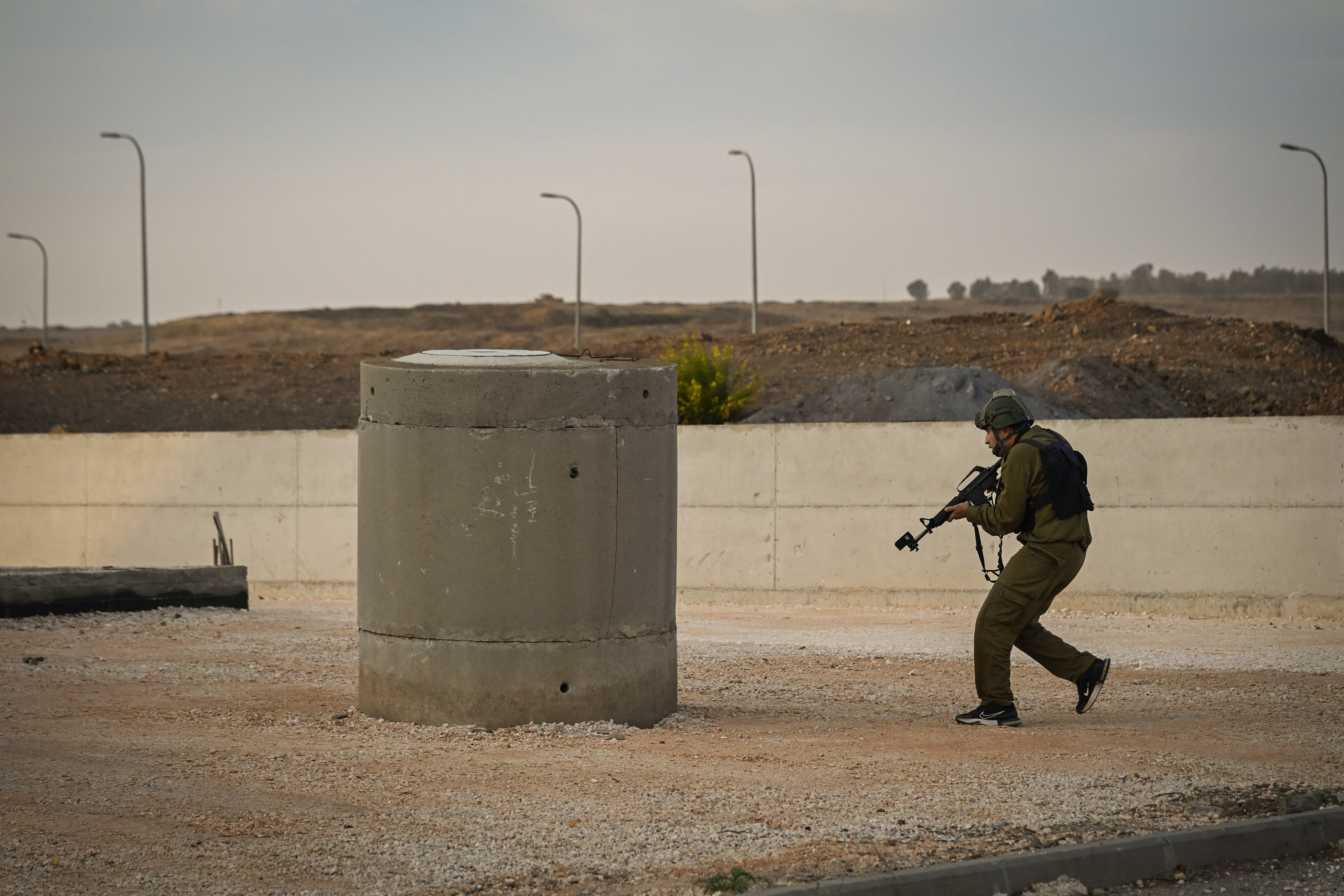 Katsrin Emergency Squad members take part in a training exercise simulating a terrorist infiltration in the city’s industrial zone, in Katsrin, Golan Heights, November 2, 2025. (photo credit: MICHAEL GILADI/FLASH90)