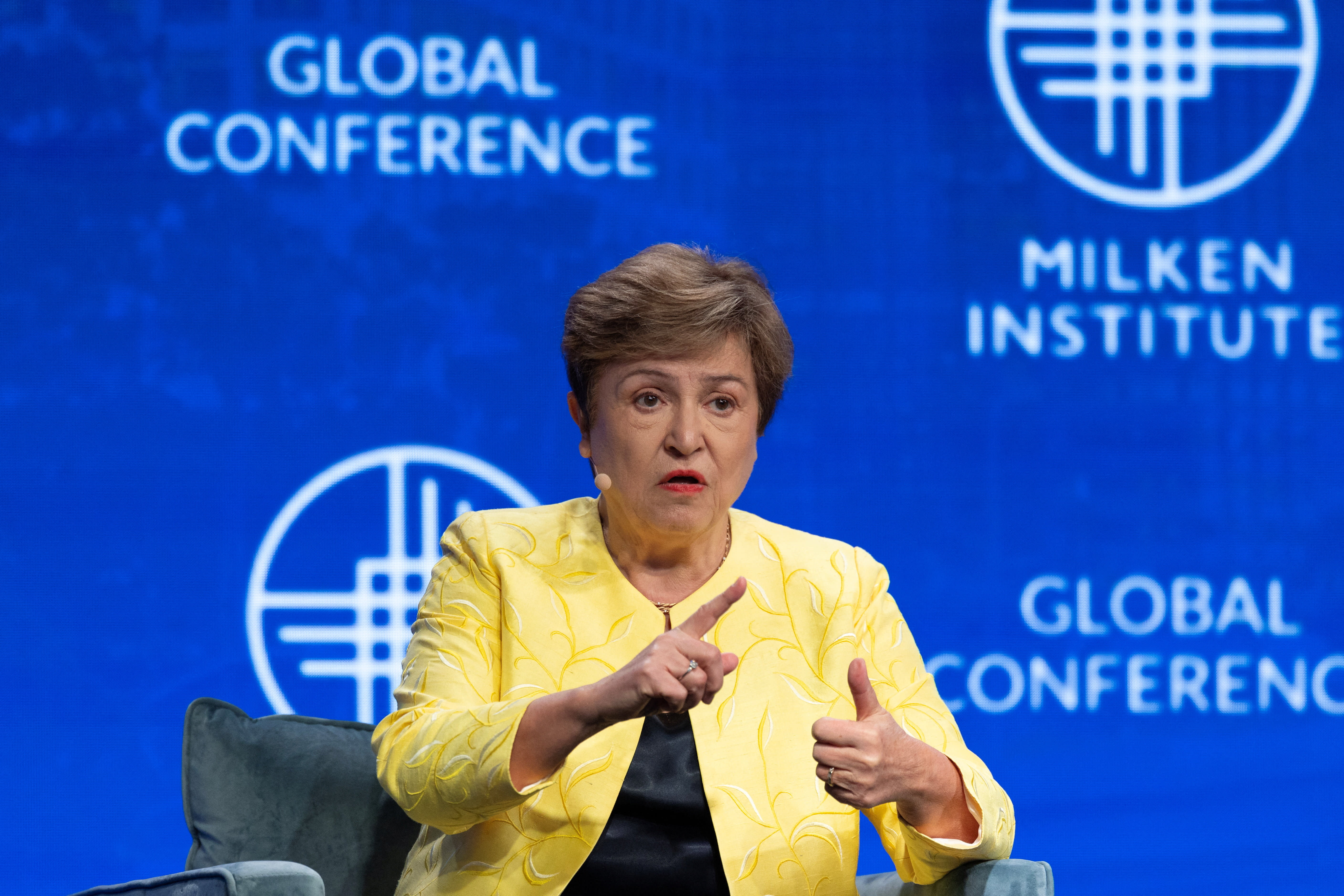 Kristalina Georgieva, Managing Director of the International Monetary Fund speaks during the Milken Institute Global Conference 2026 in Beverly Hills, California, US, May, 4, 2026. (photo credit: MIKE BLAKE/REUTERS)