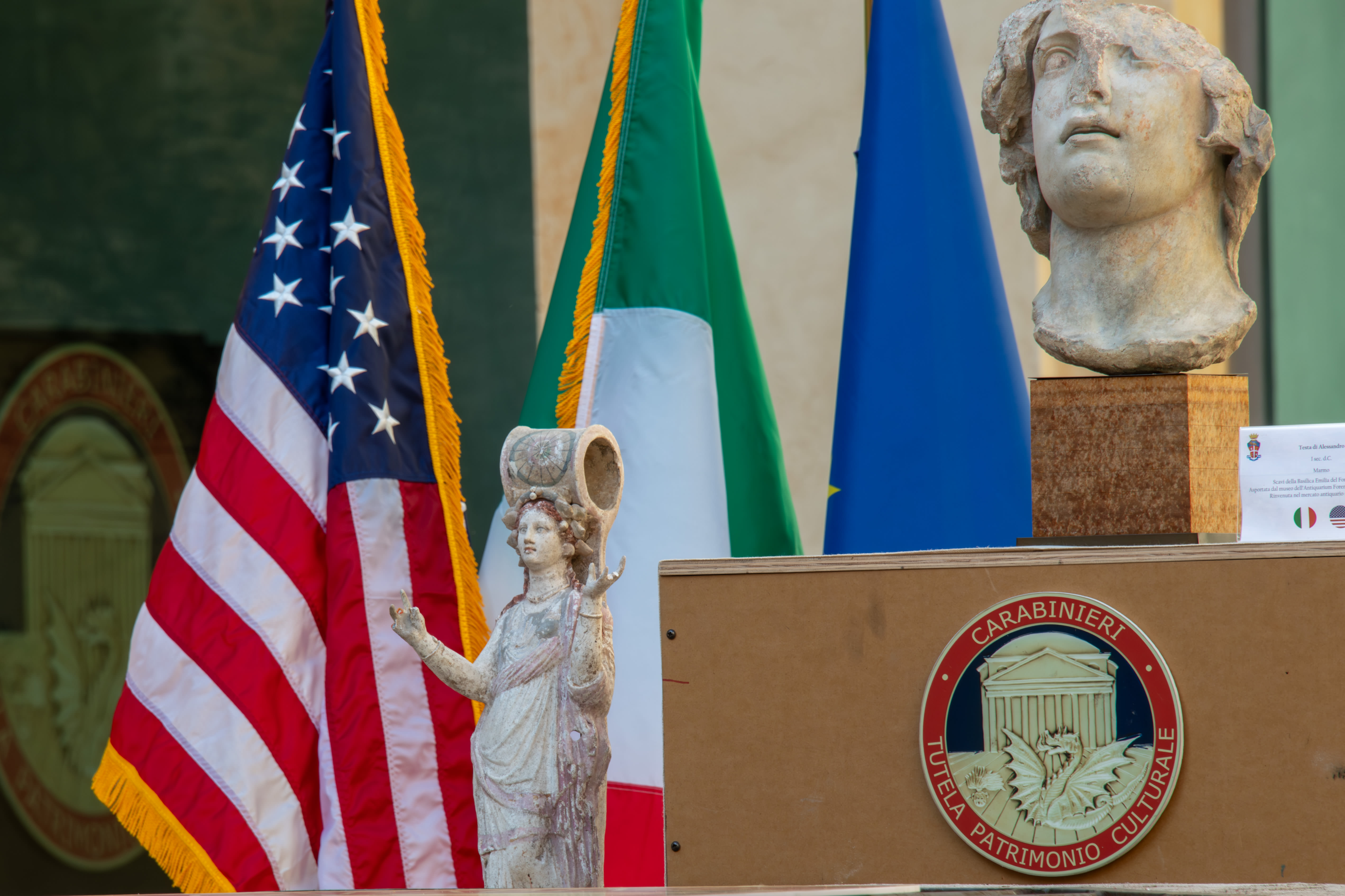 Two stolen artifacts returned to Italy by the United States in a handover ceremony in Rome, April 29, 2026. (photo credit: Ambasciata USA Italia)