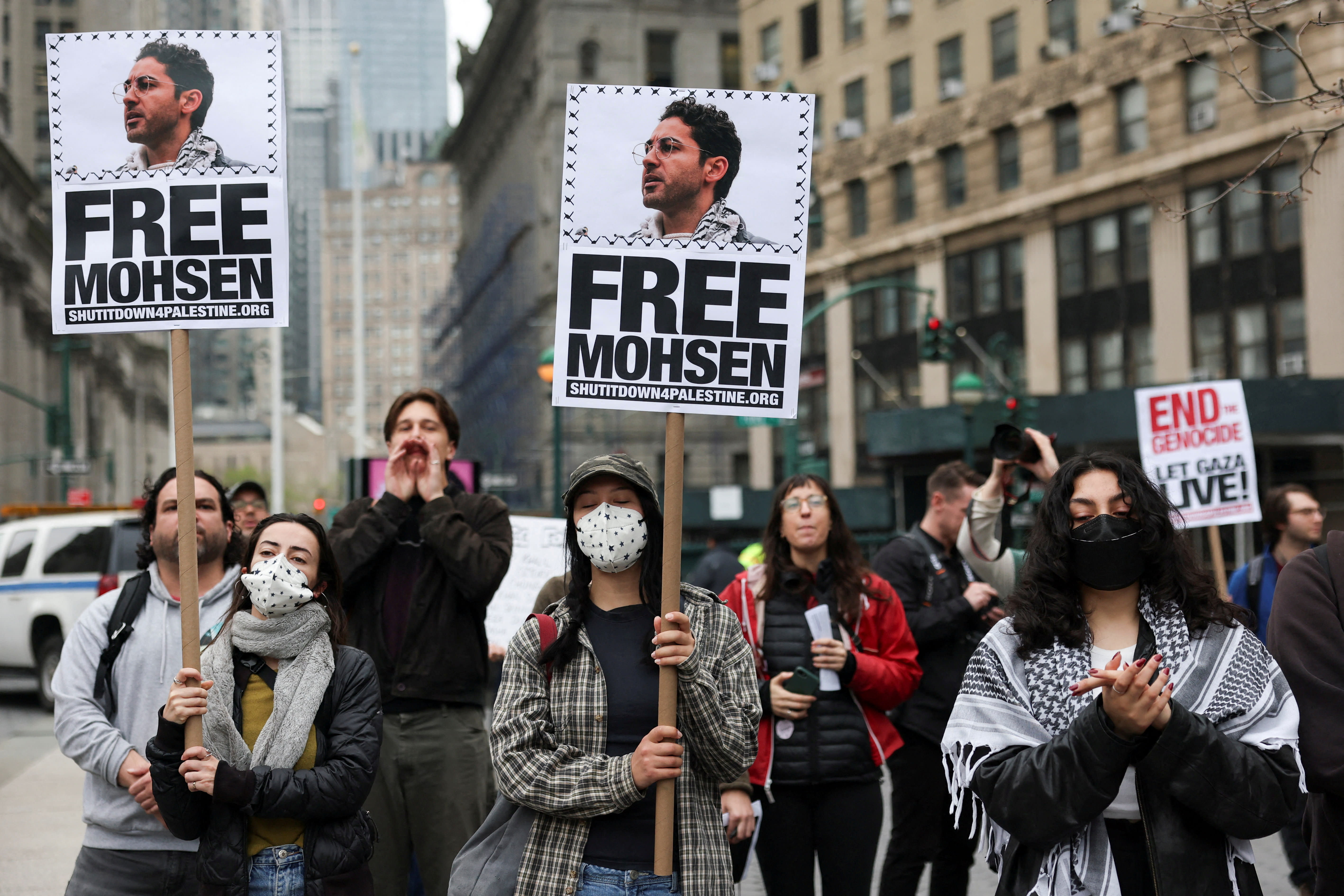 Demonstrators hold placards that read "Free Mohsen" in reference to Mohsen Mahdawi, a Palestinian student at Columbia University, who was detained, as they gather at Foley Square in Manhattan, New York City, US, April 15, 2025. (photo credit: REUTERS/JEENAH MOON)