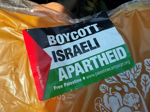 Potatoes in a Marks and Spencers labeled with an anti-Israel sticker, July 15, 2026. (photo credit: UK LAWYERS FOR ISRAEL)