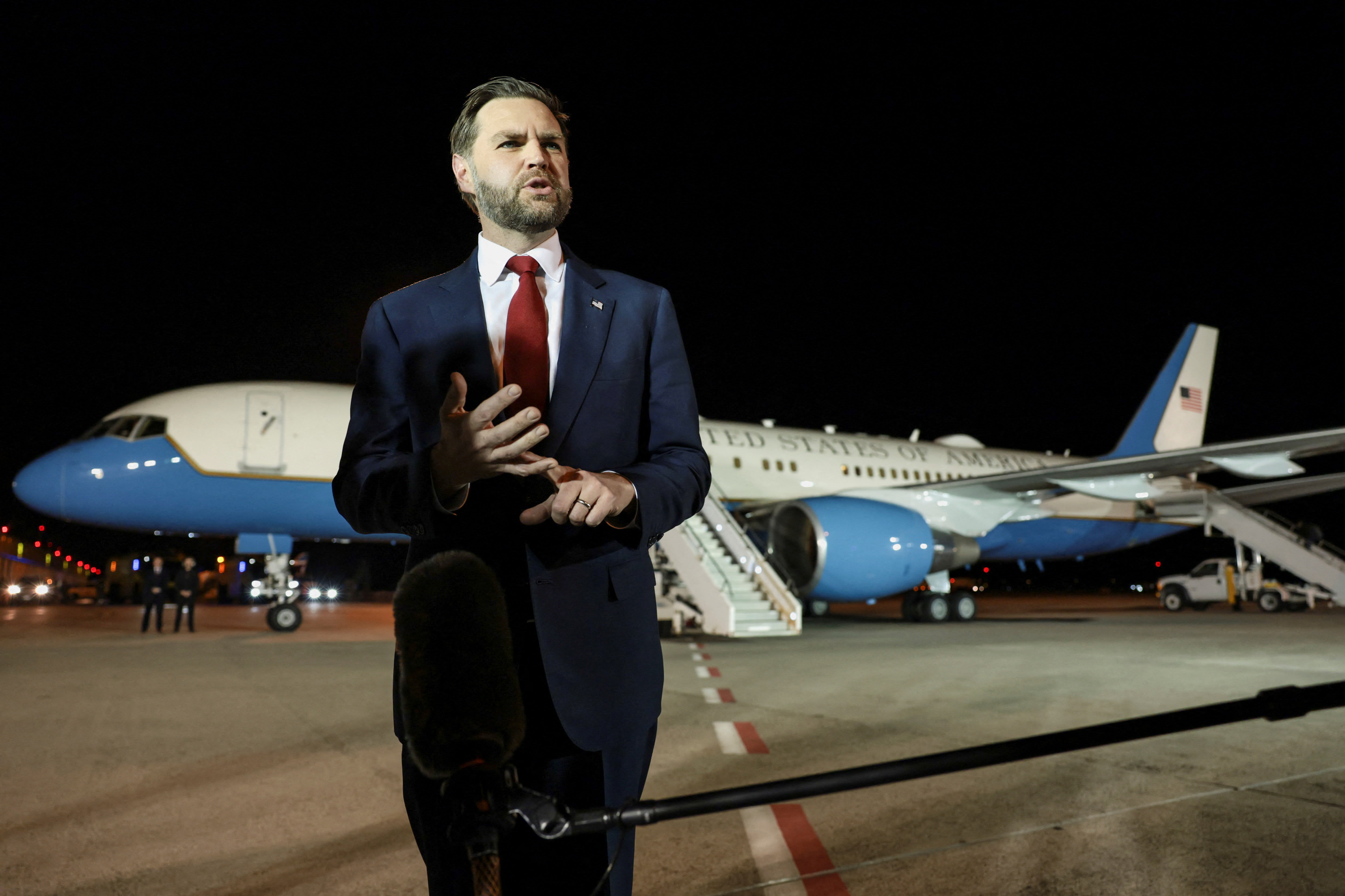 US VICE President JD Vance speaks to the media before boarding Air Force Two to return to Washington, DC, after the White House announced he would be leading the US delegation in upcoming peace talks with Iran, from Budapest Ferenc Liszt International Airport in Budapest, Hungary, April 8, 202 (photo credit:  REUTERS/Jonathan Ernst/Pool)