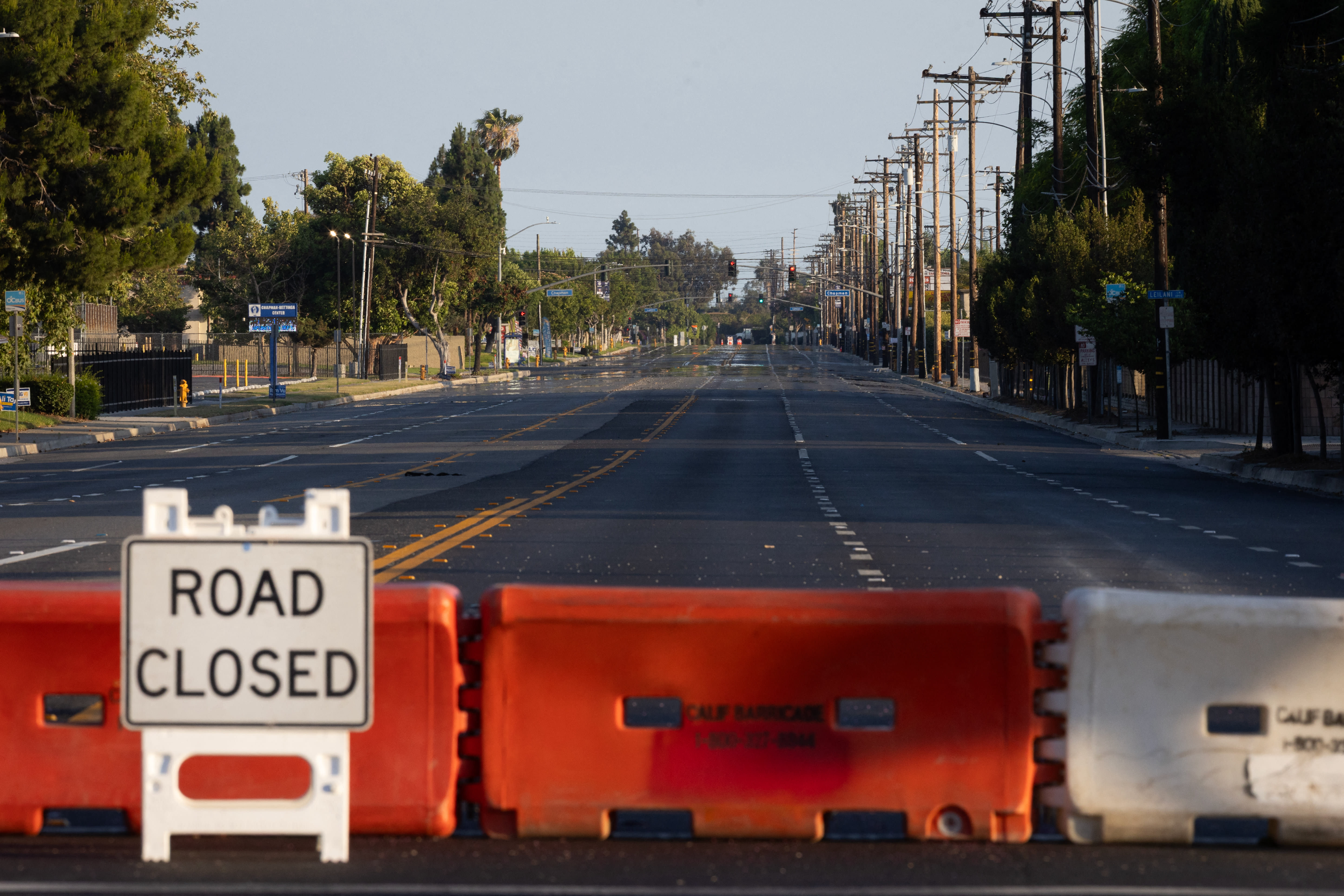 Roads remain closed after residents were evacuated following a chemical leak from a large storage tank that threatened nearby homes in Garden Grove, California, on May 24, 2026.  (photo credit: Blake Fagan/ AFP via Getty Images)