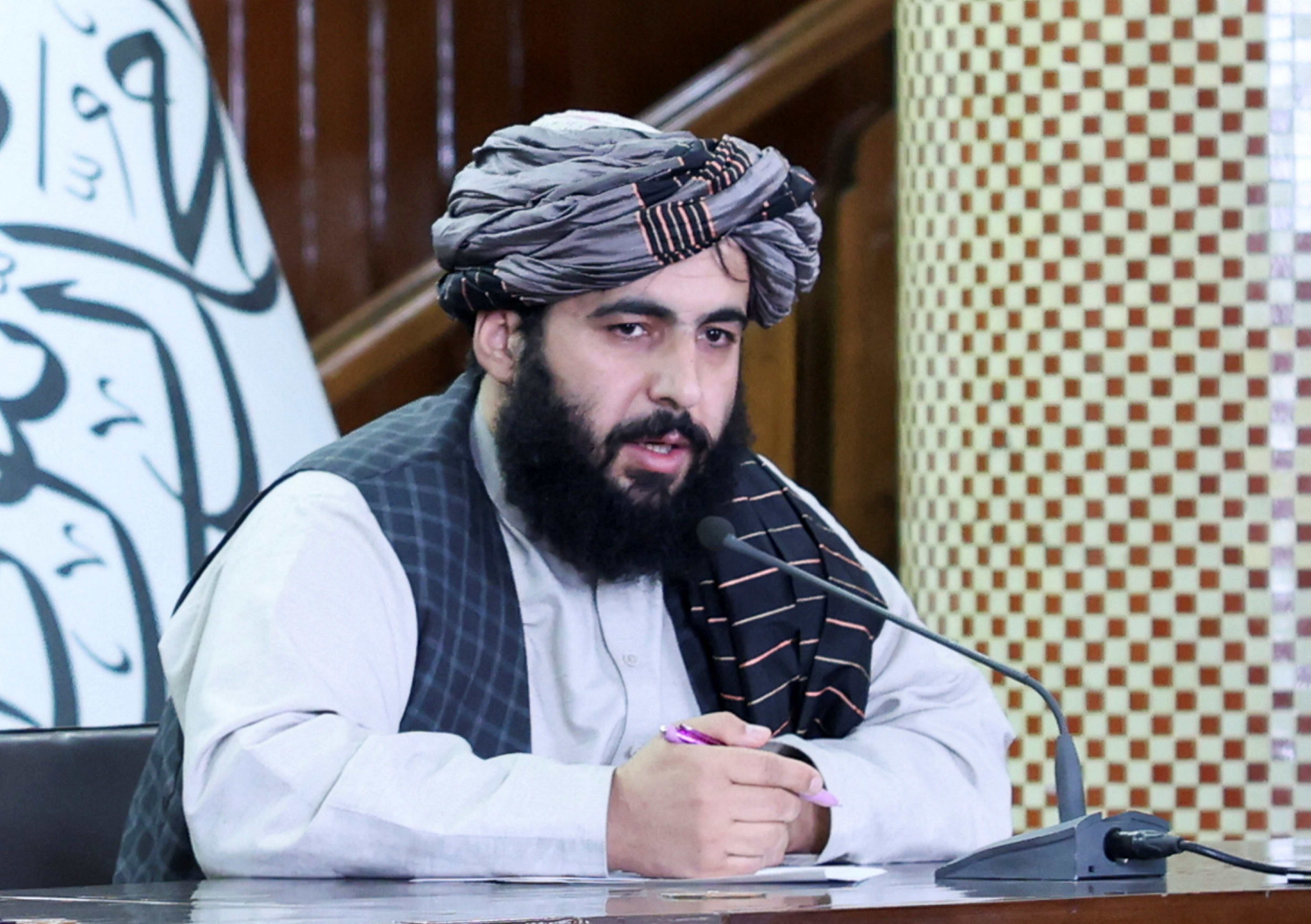 Taliban Deputy Spokesman Hamdullah Fitrat speaks during a press conference about the conflict between Afghanistan and Pakistan, in Kabul, Afghanistan, March 3, 2026. (photo credit: REUTERS/Ramin Sadat)