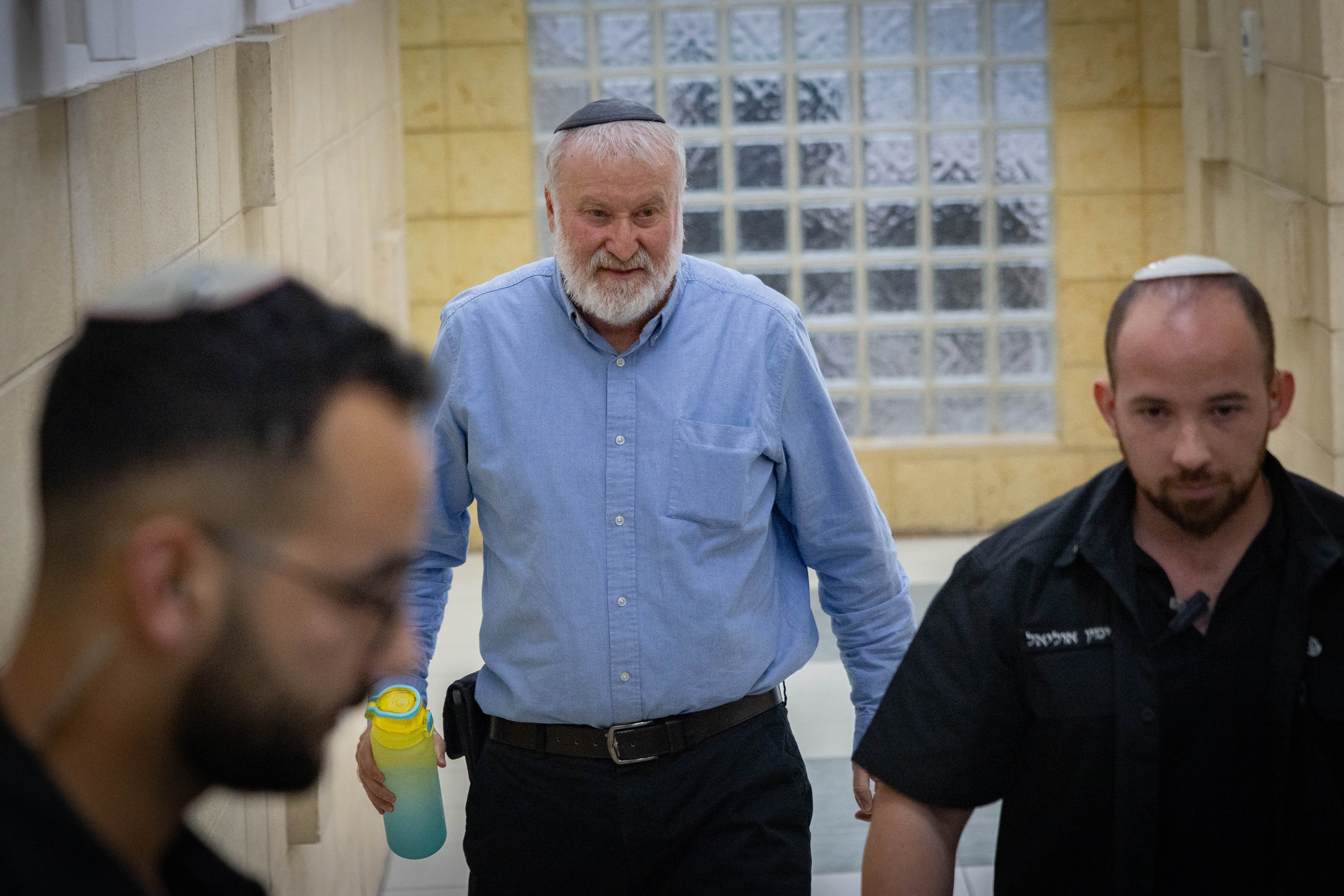 Former Attorney General Avichai Mandelblit arrives to testify in the corruption trial of Prime Minister Benjamin Netanyahu at the Jerusalem District Court, October 21, 2026.  (photo credit: YONATAN SINDEL/FLASH90)