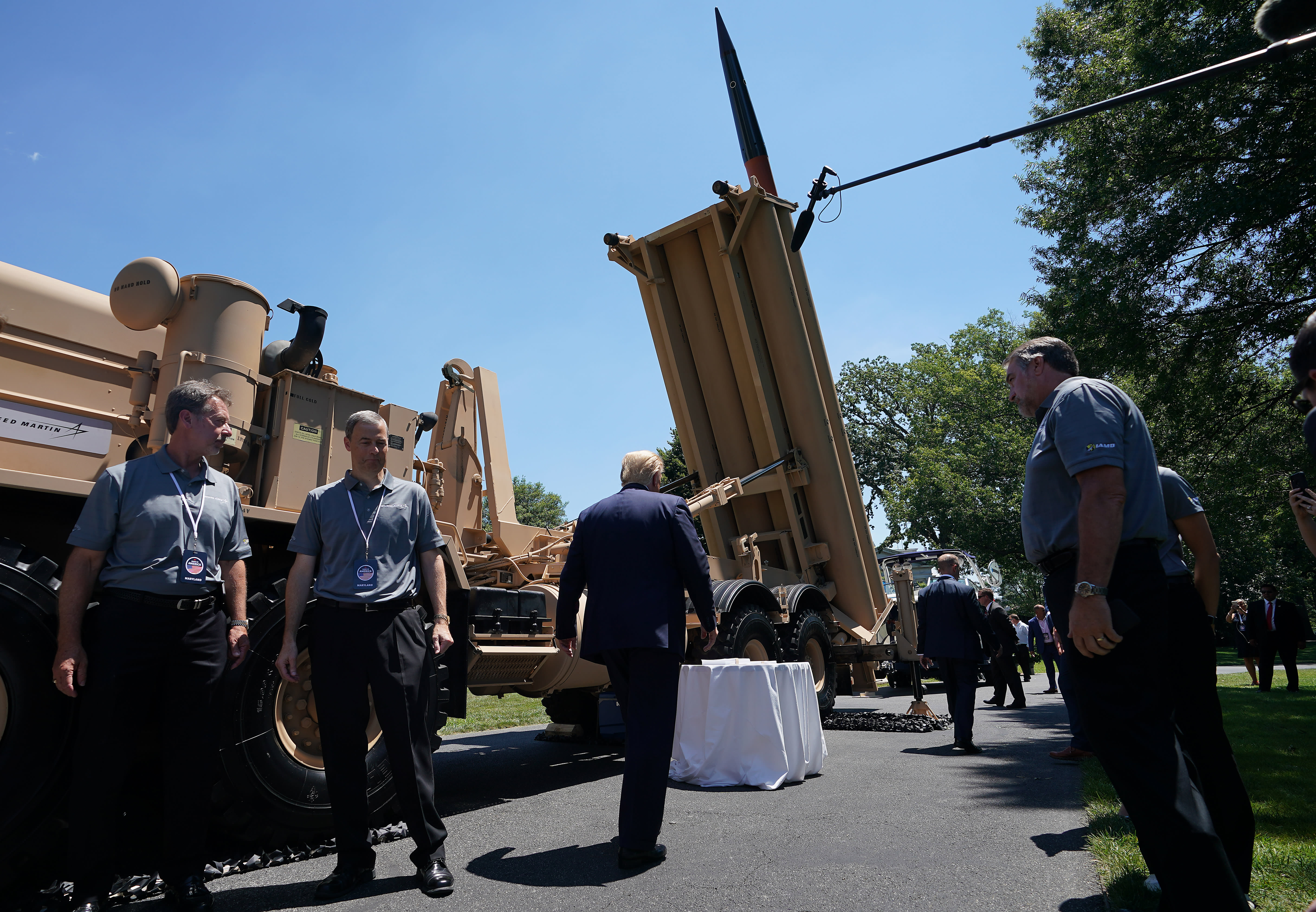 US President Donald Trump takes a look at a Lockheed Martin THAAD anti-ballistic missile launcher at the White House, July 15, 2019  (photo credit: CHIP SOMODEVILLA/GETTY IMAGES)