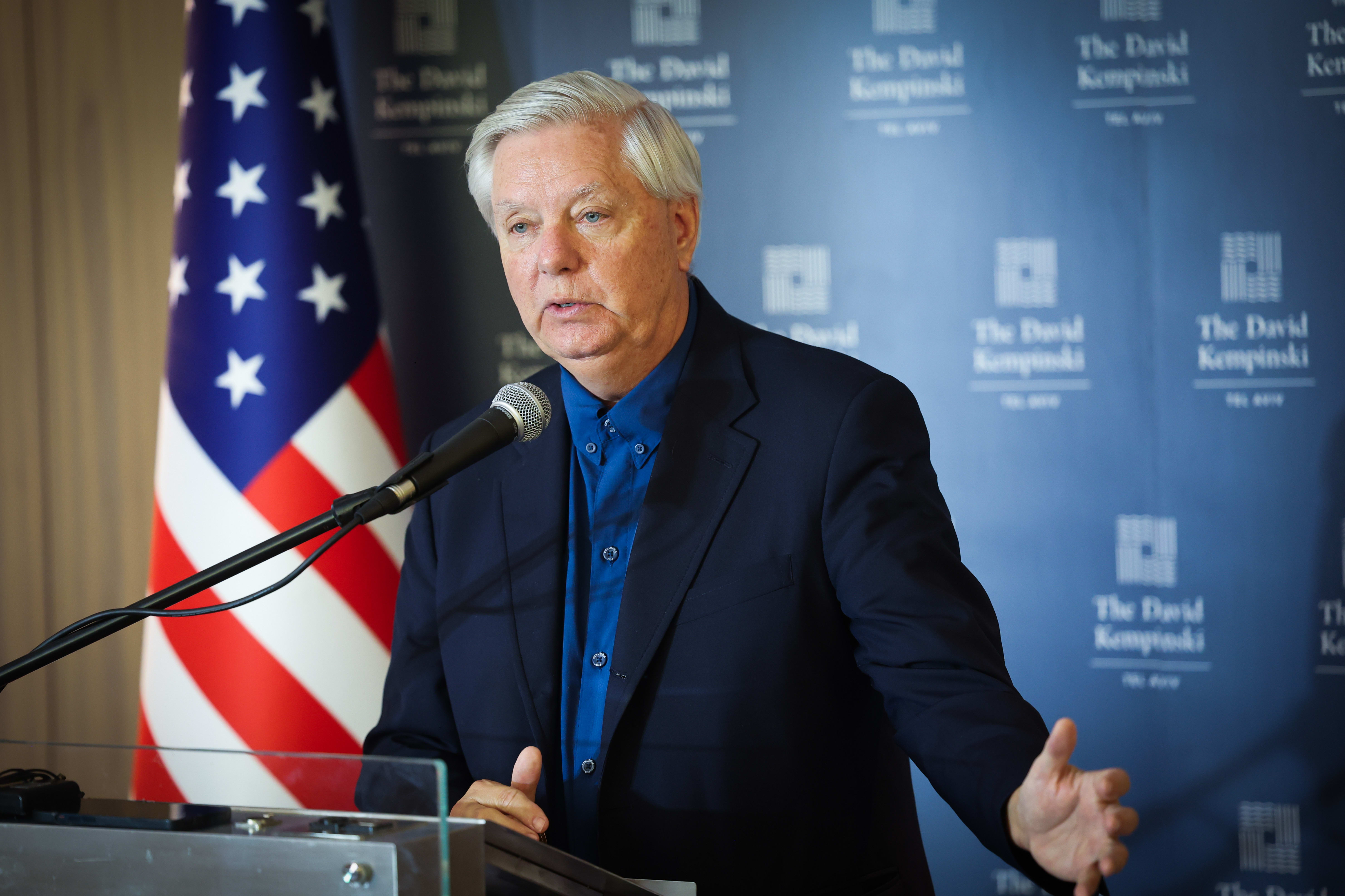 US Sen. Lindsey Graham speaks at a news conference in Tel Aviv in August. He has declared: ‘If America pulls the plug on Israel, God will pull the plug on us. I’m not going to let that happen.’ (photo credit: FLASH90)