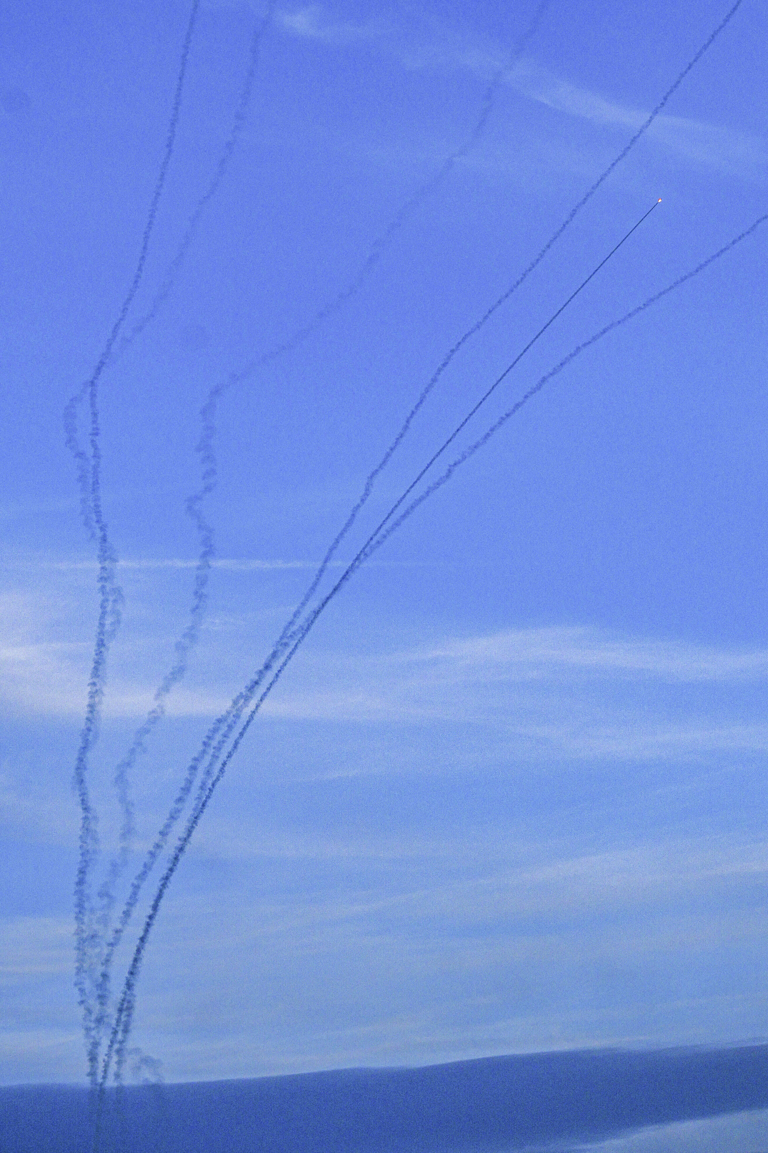 Anti-missile batteries fire interception missiles toward incoming ballistic missiles launched from Lebanon, as seen in northern Israel, April 11, 2026. (photo credit: AYAL MARGOLIN/FLASH90)