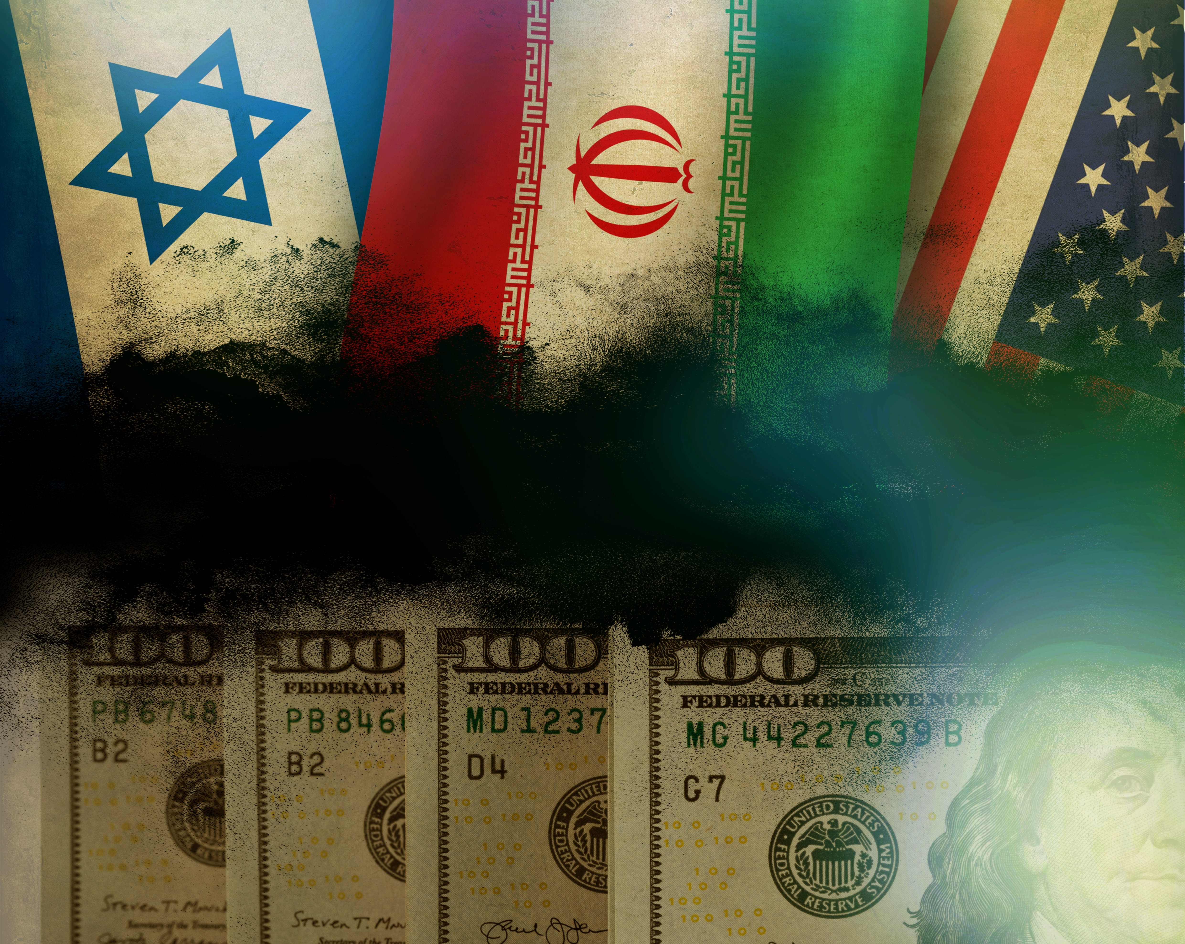 Israeli, Iranian, and US flags are seen above US dollars in this illustrative image. (photo credit: SHUTTERSTOCK)