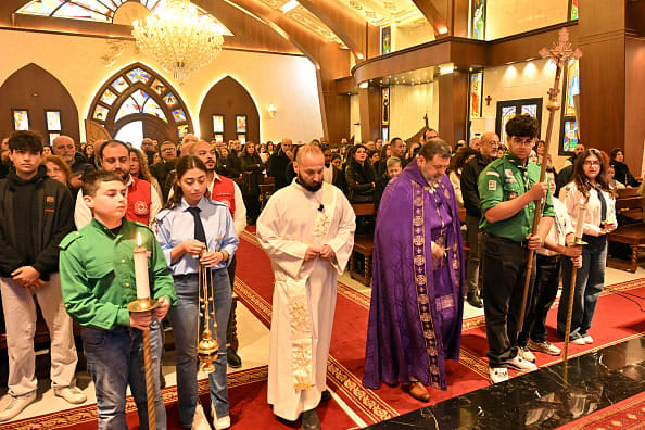 A memorial service is held at Sayyidet al-Najaat Church for five Christians, including a priest, who were killed in attacks in Rumiyeh, north of Beirut, Lebanon, on March 15, 2026. (photo credit:  Houssam Shbaro/Anadolu via Getty Images)