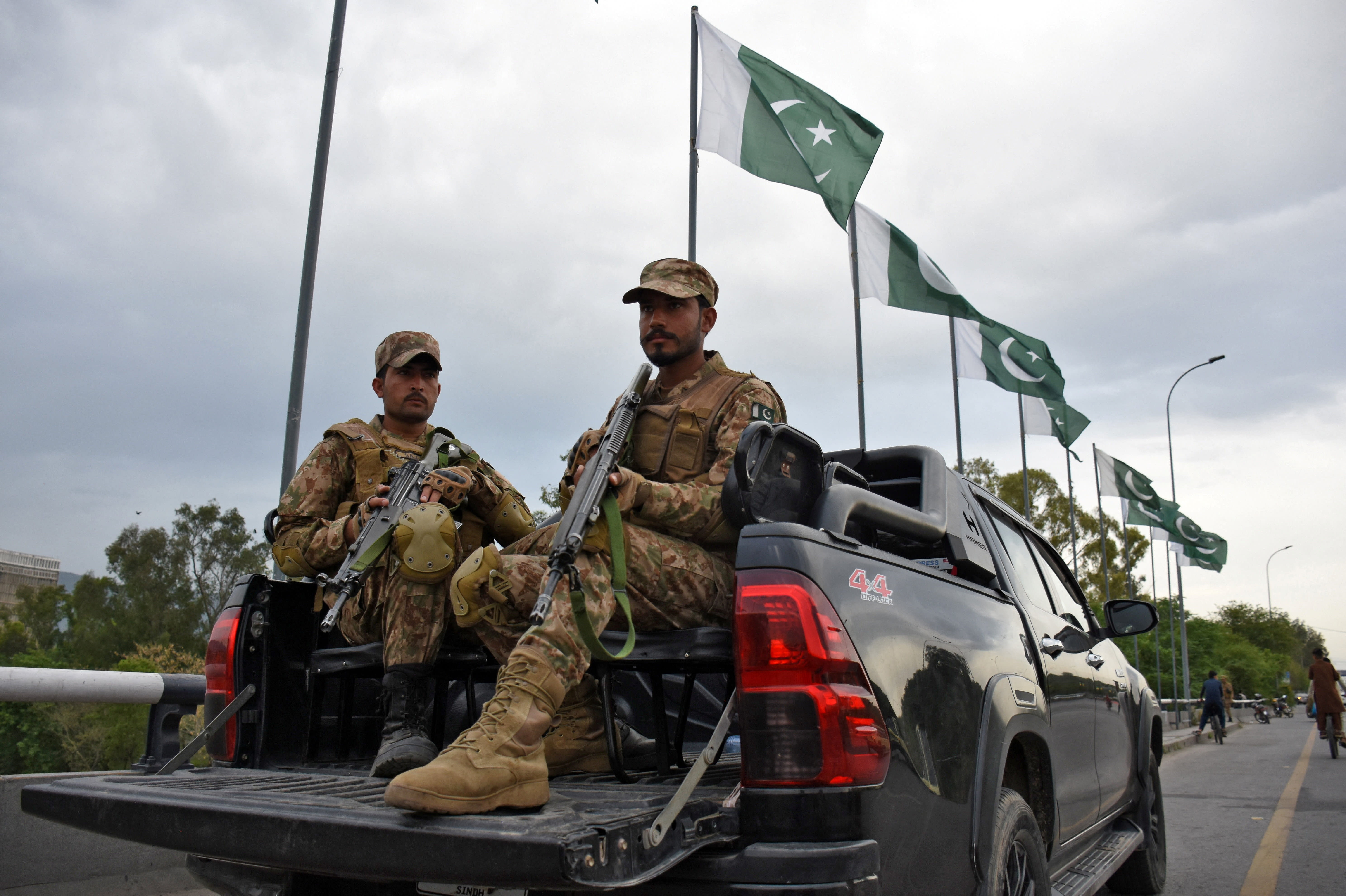 Army soldiers patrol a road as Pakistan prepares to host U.S. and Iran for the second round of peace talks in Islamabad, Pakistan, April 24, 2026. (photo credit: WASEEM KHAN/REUTERS)