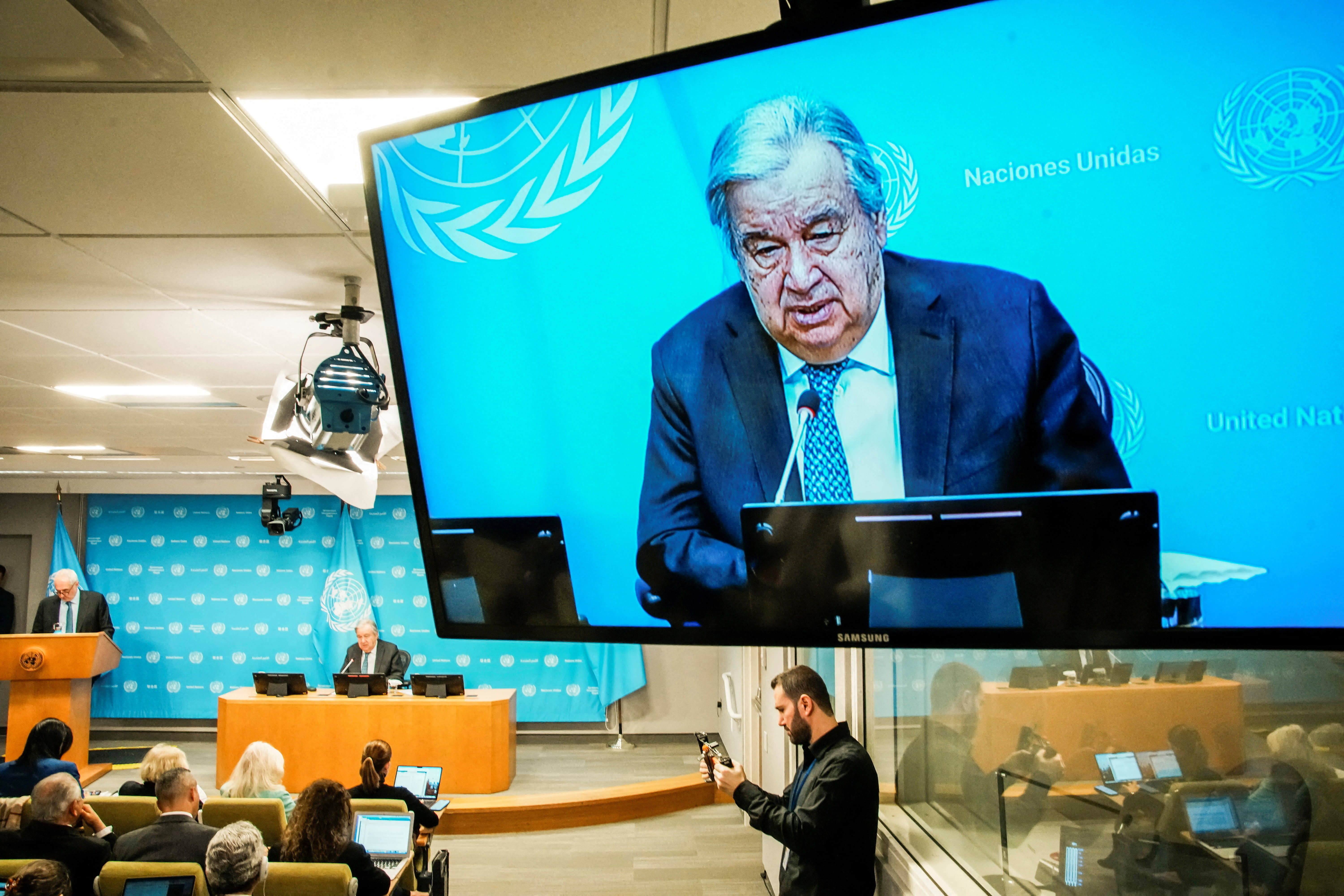 FILE PHOTO: United Nations Secretary-General Antonio Guterres is seen on a screen as he speaks during a press conference outlining his priorities for 2026 at U.N. headquarters in New York City, U.S., January 29, 2026 (photo credit:  REUTERS/Eduardo Munoz/File Photo)
