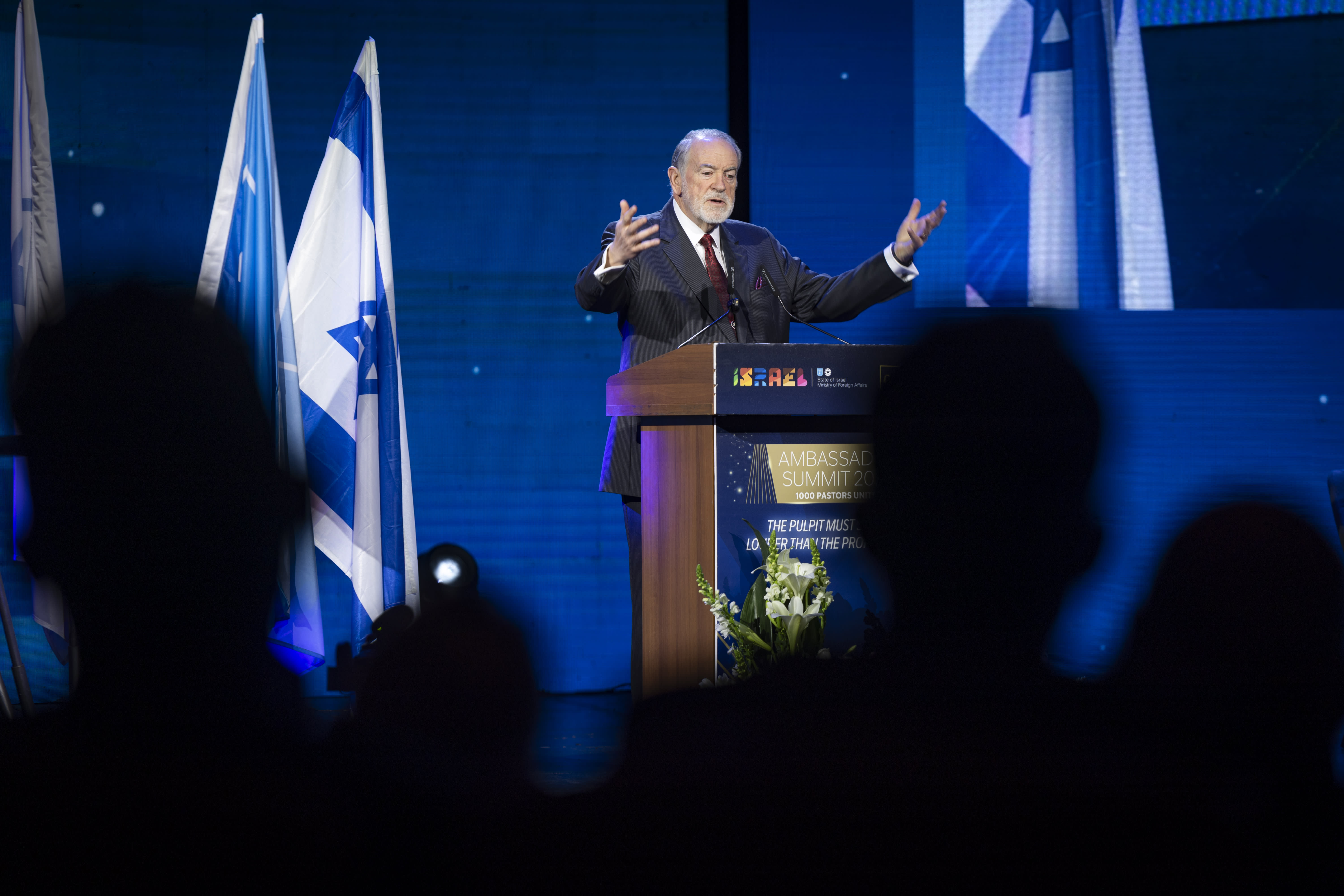 US Ambassador to Israel Mike Huckabee speaks during the FOZ Ambassadors Summit in Jerusalem, December 7, 2025. (photo credit: YONATAN SINDEL/FLASH90)