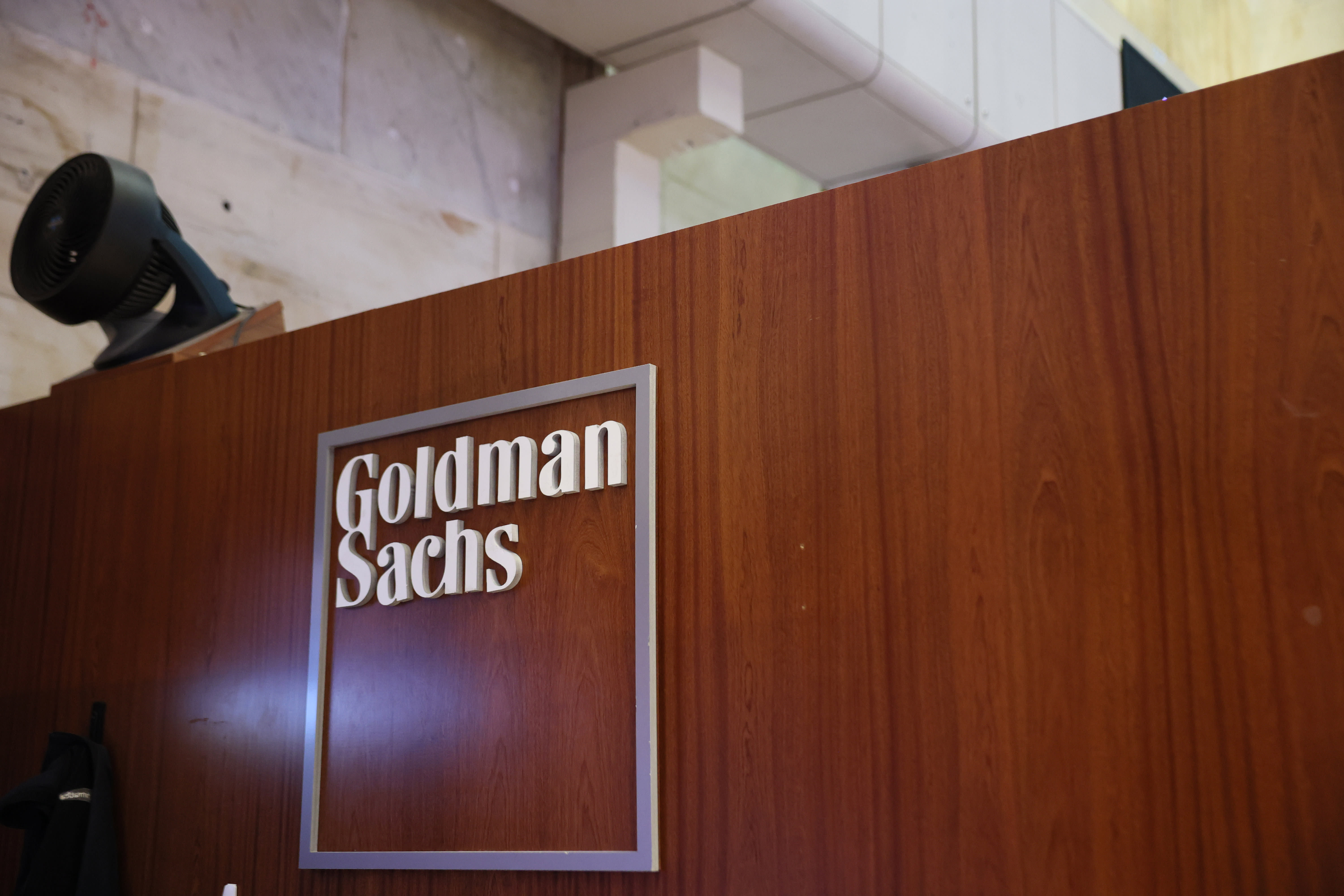 The Goldman Sachs company logo is displayed at the New York Stock Exchange on October 14, 2025 in New York City. (photo credit: MICHAEL M. SANTIAGO/GETTY IMAGES)