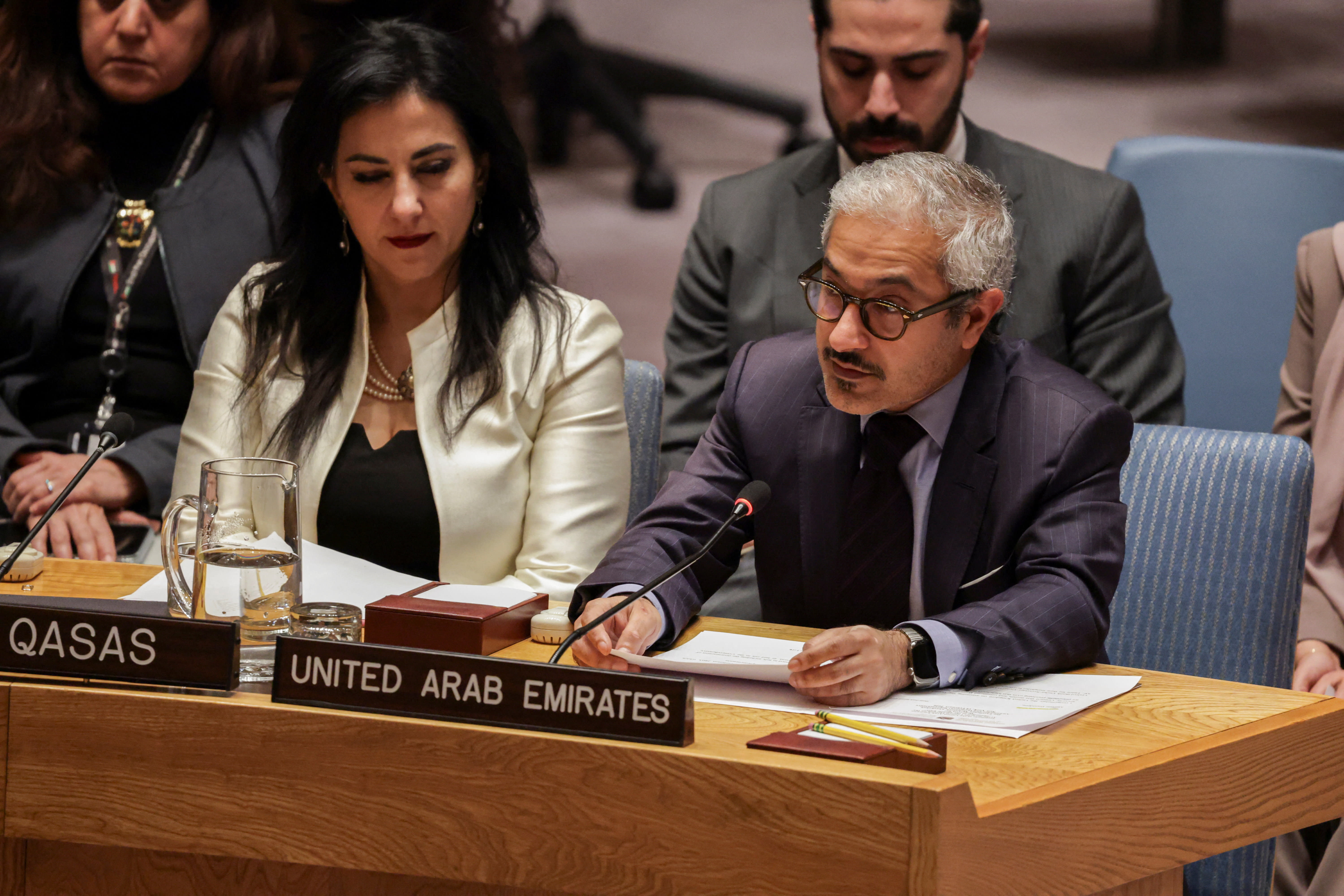 Mohamed Abushahab, Permanent Representative of the United Arab Emirates to the United Nations, addresses the Security Council during the meeting on the situation in the Middle East, at U.N. headquarters in New York City, US, February 18, 2026. (photo credit: JEENAH MOON/REUTERS)
