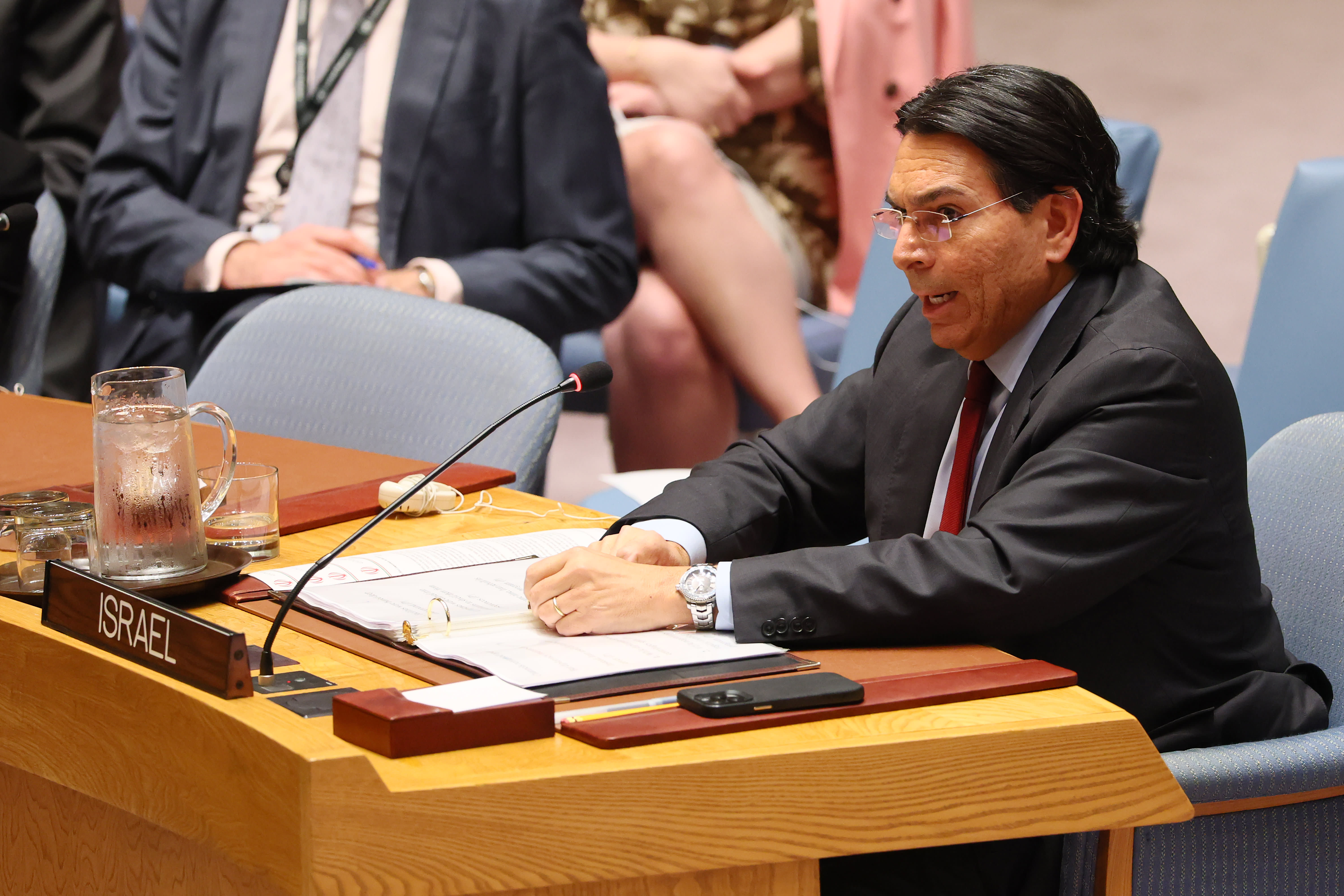 Ambassador Danny Danon, Permanent Representative of Israel to the UN, speaks during a United Nations Security Council meeting on the situation in the Middle East at the United Nations headquarters on March 11, 2026 in New York City. (photo credit: MICHAEL M. SANTIAGO/GETTY IMAGES)