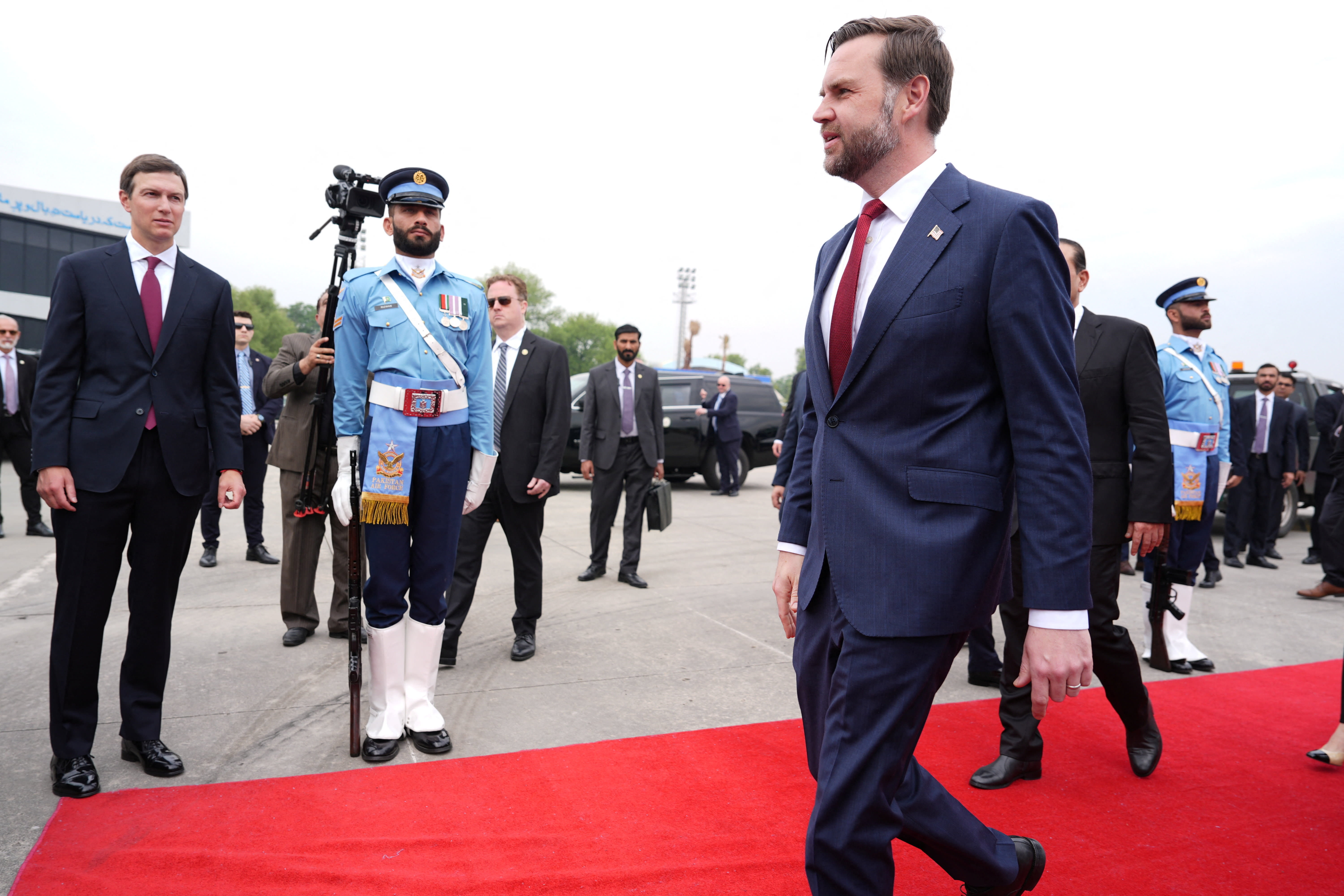 U.S. Vice President JD Vance walks as Jared Kushner looks on, after arriving for talks with Iranian officials in Islamabad, Pakistan, Saturday, April 11, 2026. (photo credit: Jacquelyn Martin/Pool via REUTERS)