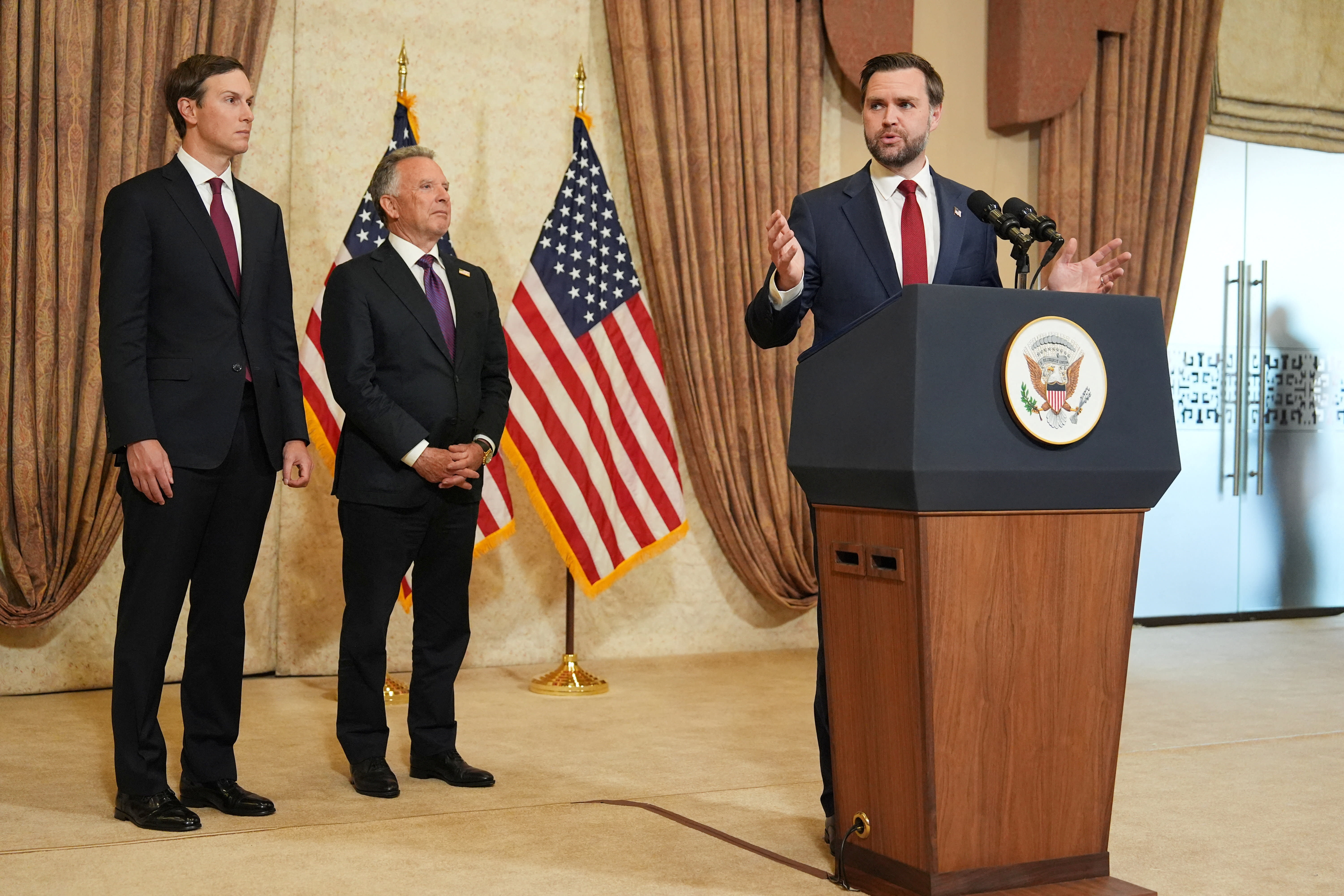US Vice President JD Vance speaks during a news conference after meeting with representatives from Pakistan and Iran as Jared Kushner and Steve Witkoff, Special Envoy for Peace Missions, listen, on Sunday, April 12, 2026, in Islamabad, Pakistan. (photo credit: Jacquelyn Martin/Pool via REUTERS)