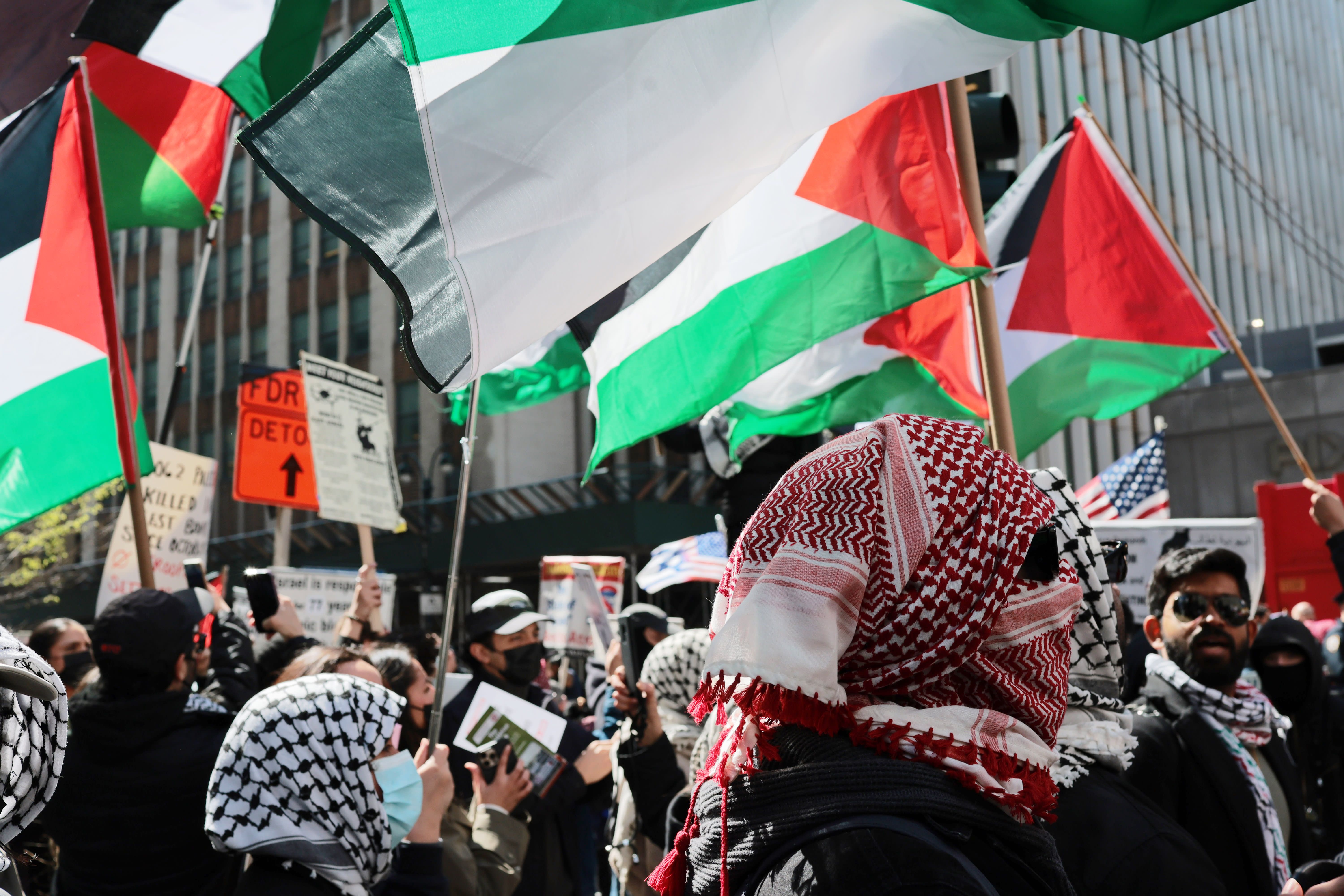 Pro-Palestinian protestors pe demonstrate against a recently passed Israeli death penalty law near the Israeli consulate on April 07, 2026 in New York City. (photo credit: MICHAEL M. SANTIAGO/GETTY IMAGES)