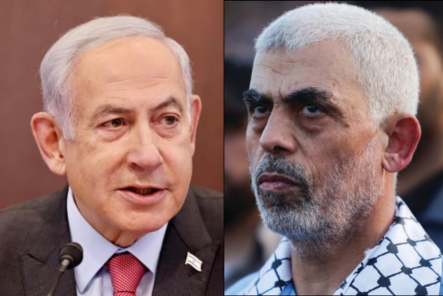  (L-R) Prime Minister Benjamin Netanyahu; Hamas leader Yahya Sinwar (photo credit: REUTERS)
