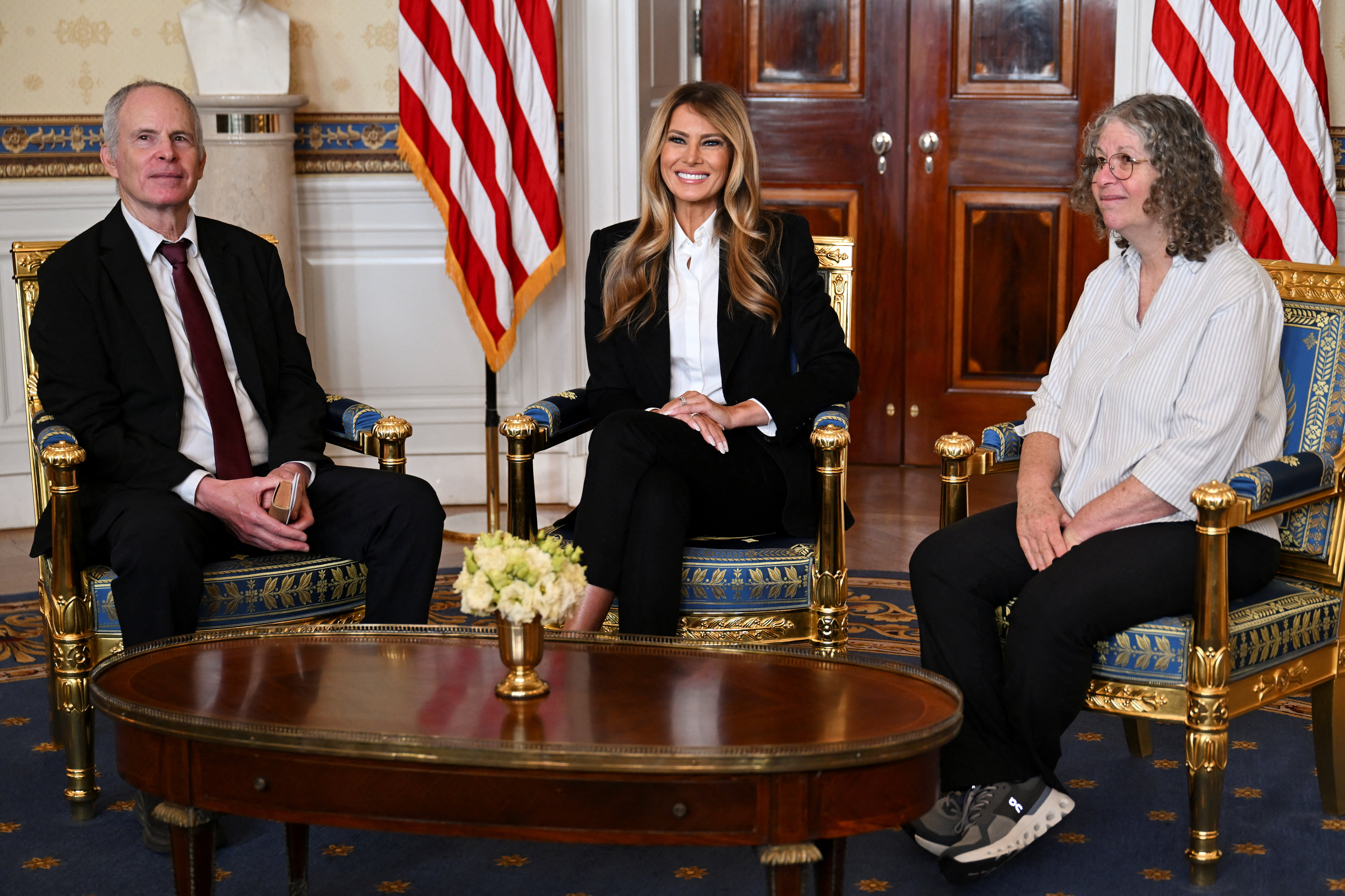 U.S. first lady Melania Trump meets with freed American-Israeli couple Keith and Aviva Siegel, who were abducted by Hamas on October 7, 2023, at the White House in Washington, D.C., U.S., February 4, 2026.  (photo credit: REUTERS/Annabelle Gordon)