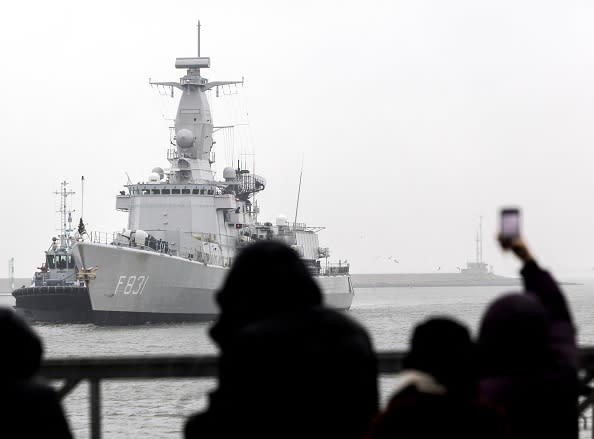 The Dutch navy frigate Zr.Ms. Van Amstel arrives at the North Sea port of Den Helder on December 5, 2024. The frigate is returning after being part of one of NATO
