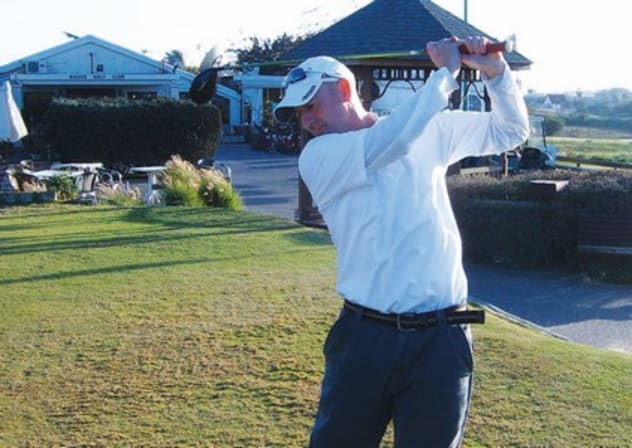 Anthony Harris poses on the first tee box at Ga’ash Golf Club last week after posting the gross score at the June Monthly Medal.