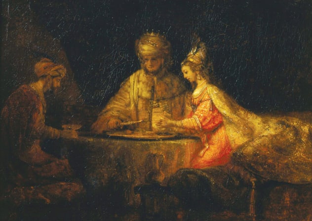 'Ahasuerus and Haman at the Feast of Esther' by Rembrandt, 1660, at Moscow's Pushkin Museum