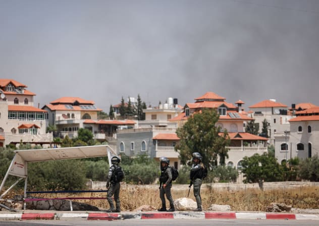  Israeli soldiers at the entrance to the West Bank village of  Turmus Aiya, June 21, 2023