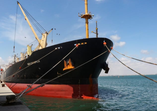  Greek-flagged bulk cargo vessel Sea Champion is docked to the port of Aden, Yemen to which it arrived after being attacked in the Red Sea in what appears to have been a mistaken missile strike by Houthi militia, February 21, 2024. 