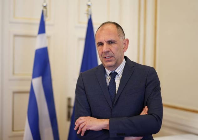  Greek Foreign Minister George Gerapetritis talks during an interview with Reuters, at the Ministry of Foreign Affairs in Athens,Greece, June 18, 2024.