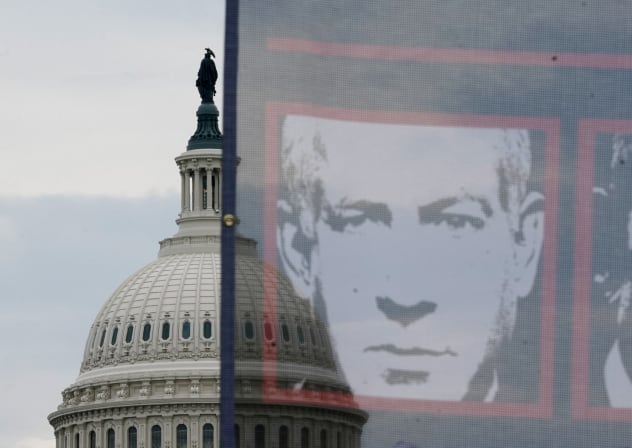  A banner depicting Israeli Prime Minister Benjamin Netanyahu is displayed with the Capitol dome in the background as pro-Palestinian demonstrators gather on the day of Netanyahu's address to a joint meeting of Congress, on Capitol Hill in Washington, U.S., July 24, 2024. 