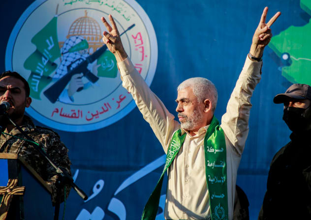  Palestinians supporters of Hamas attend an anti-Israel rally in the presence of Yahya Sinwar, leader of Hamas in the Gaza Strip, in Gaza City, on May 25, 2021