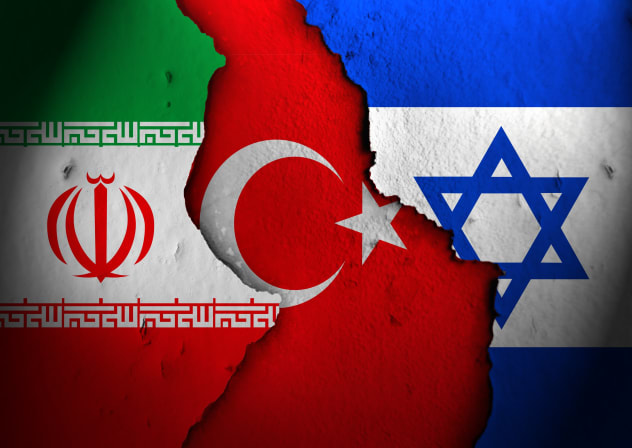 The flags of Iran, Turkey, and Israel (illustrative) 