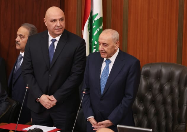  Lebanese Parliament Speaker Nabih Berri and Lebanon's army chief Joseph Aoun stand after Aoun is elected as the country's President at the parliament building in Beirut, Lebanon, January 9, 2025. 