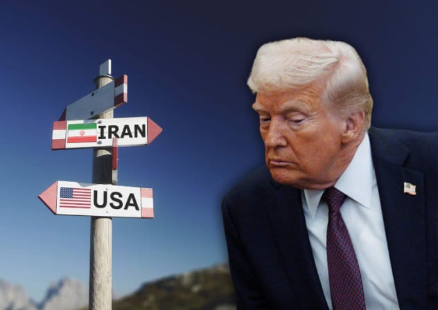  US President Donald Trump seen over an illustrative image of American-Iranian ties (illustrative)