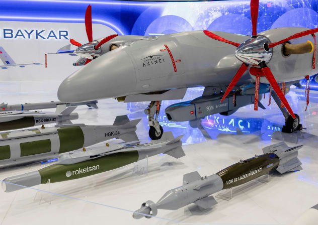  A Bayraktar Akinci unmanned combat drone is pictured at SAHA EXPO Defence & Aerospace Exhibition in Istanbul, Turkey, October 27, 2022.