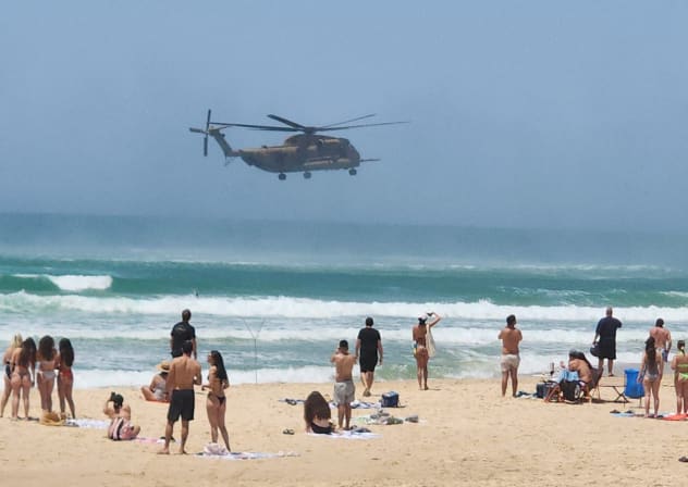  (ILLUSTRATIVE) A military helicopter conducting a rescue operation off the Bat Yam coastline in central Israel, May 16, 2025.