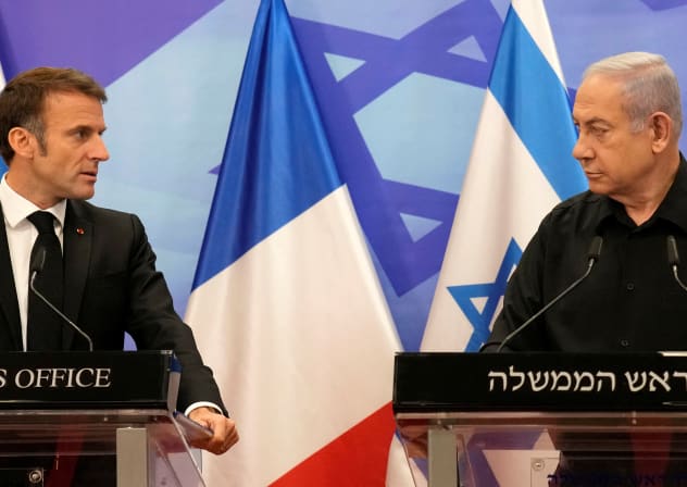  Israeli Prime Minister Benjamin Netanyahu attends a joint press conference with French President Emmanuel Macron in Jerusalem, October 24, 2023.