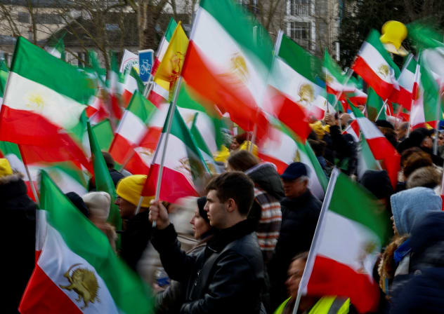  Supporters of Iranian opposition group National Council of Resistance of Iran (NCRI) gather to protest against the nuclear program and the detention of EU nationals in Paris, February 8, 2025.