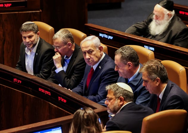 Israeli Prime Minister Benjamin Netanyahu, Finance Minister Bezalel Smotrich, Defense Minister Israel Katz and National Security Minister Itamar Ben-Gvir attend a discussion at the plenum in the Knesset, Israel's parliament, in Jerusalem, July 23, 2025.