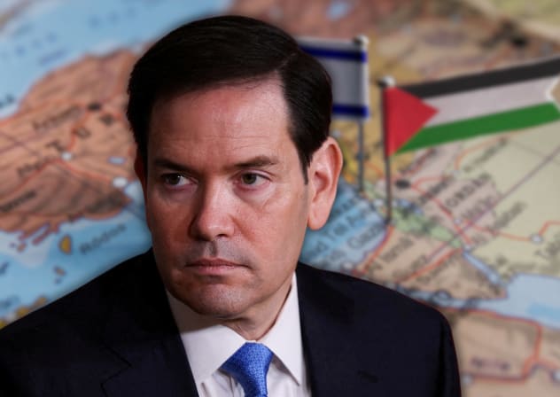 US Secretary of State Marco Rubio against backdrop of Israel and Palestine flags on geopolitical map.